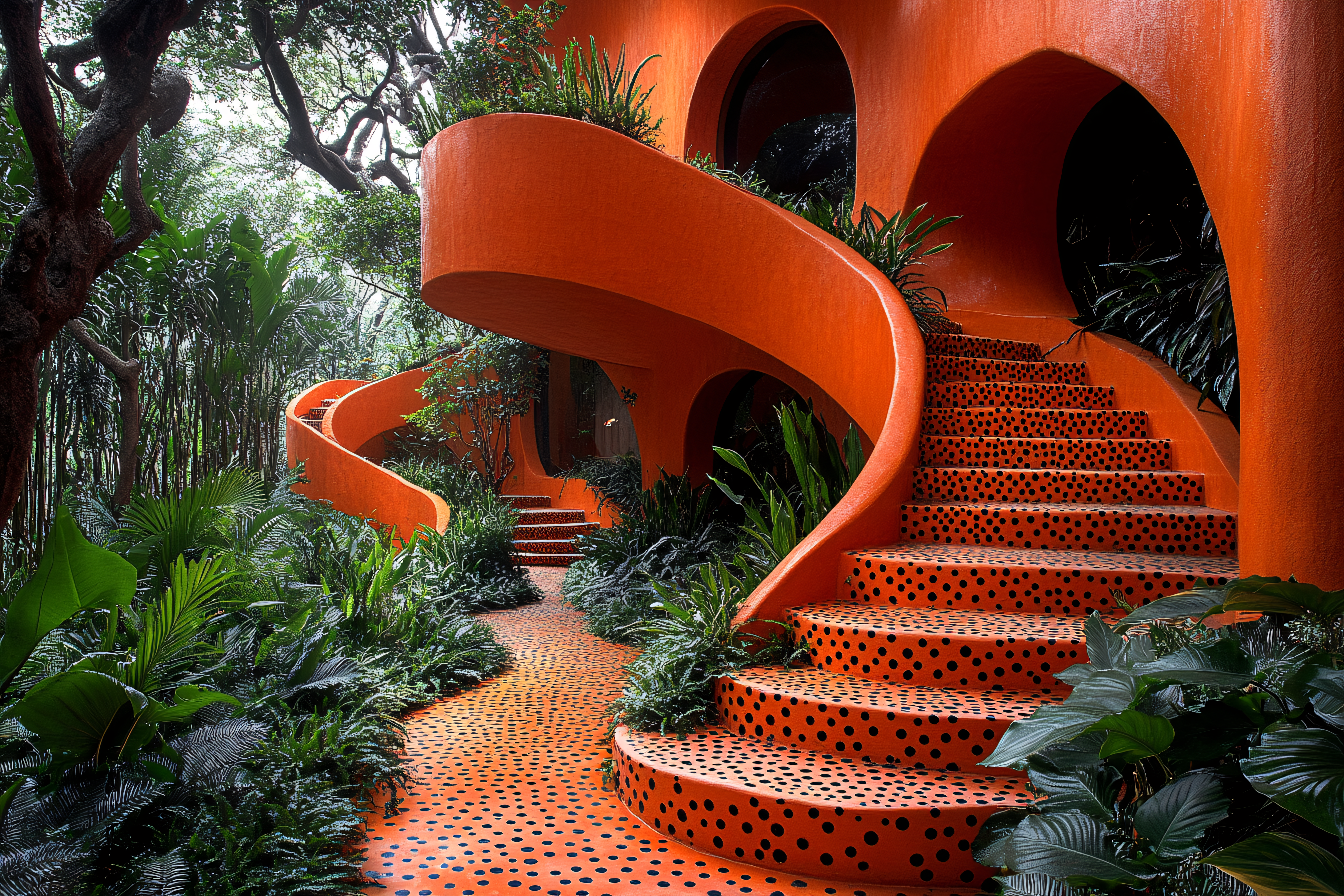 Orange Spotted Staircase in Lush Garden