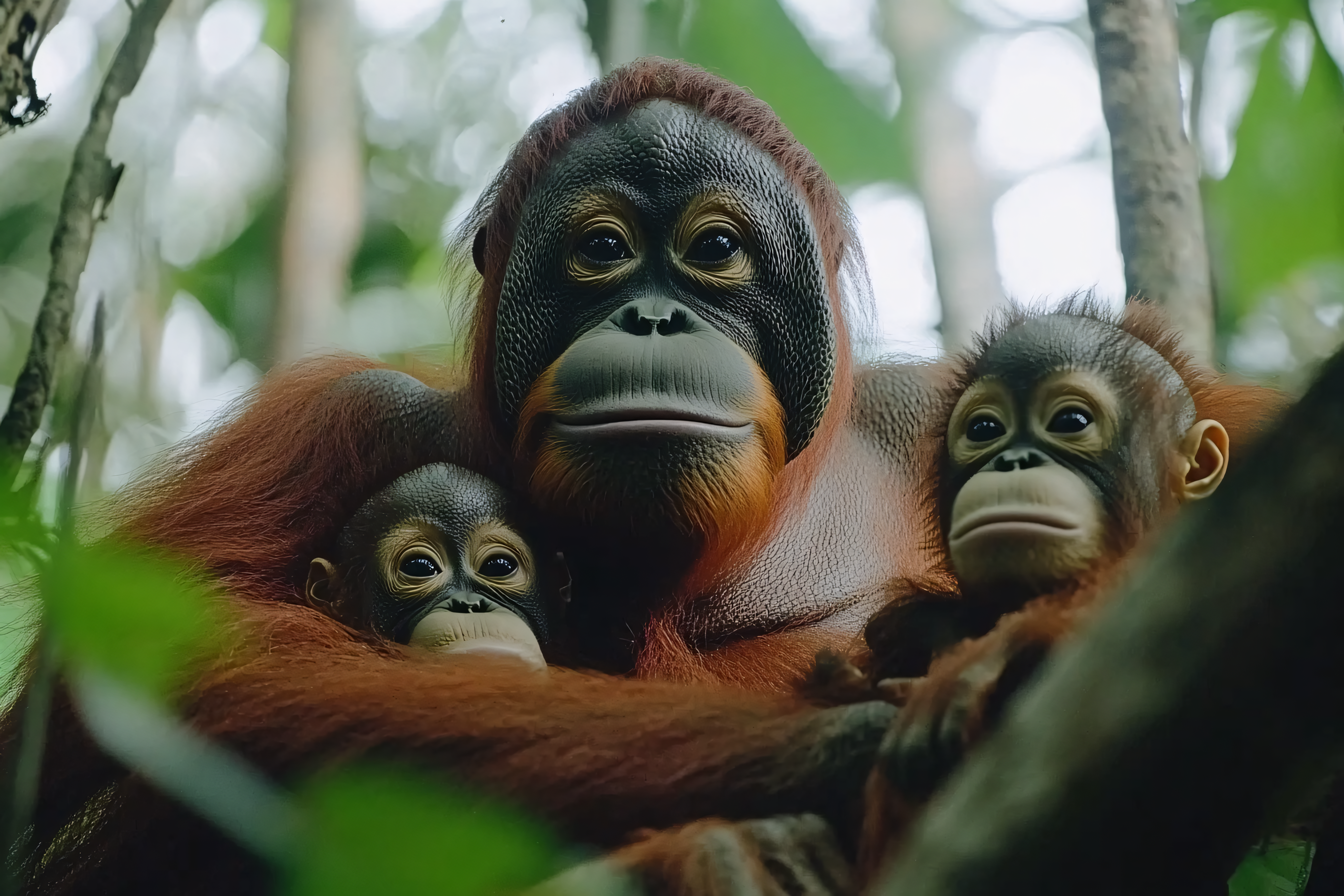 Orangutan Family In The Forest