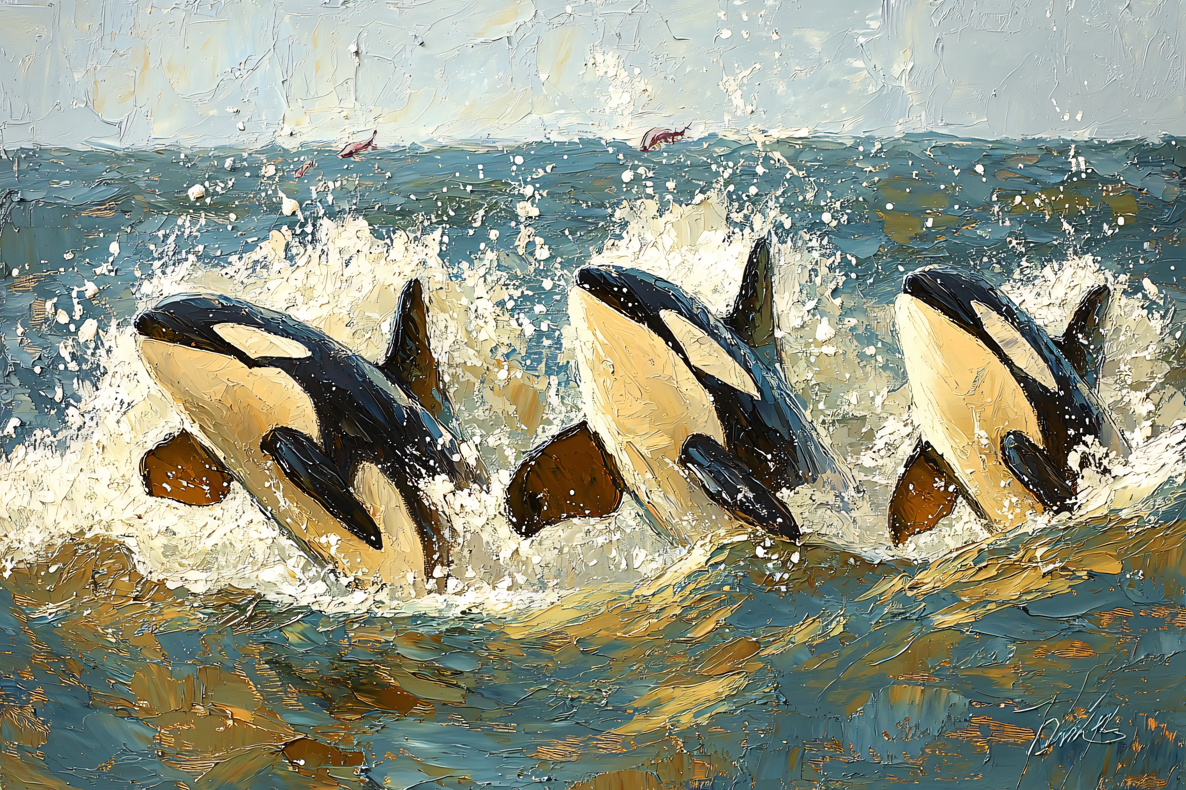 Orcas Breaching the Waves