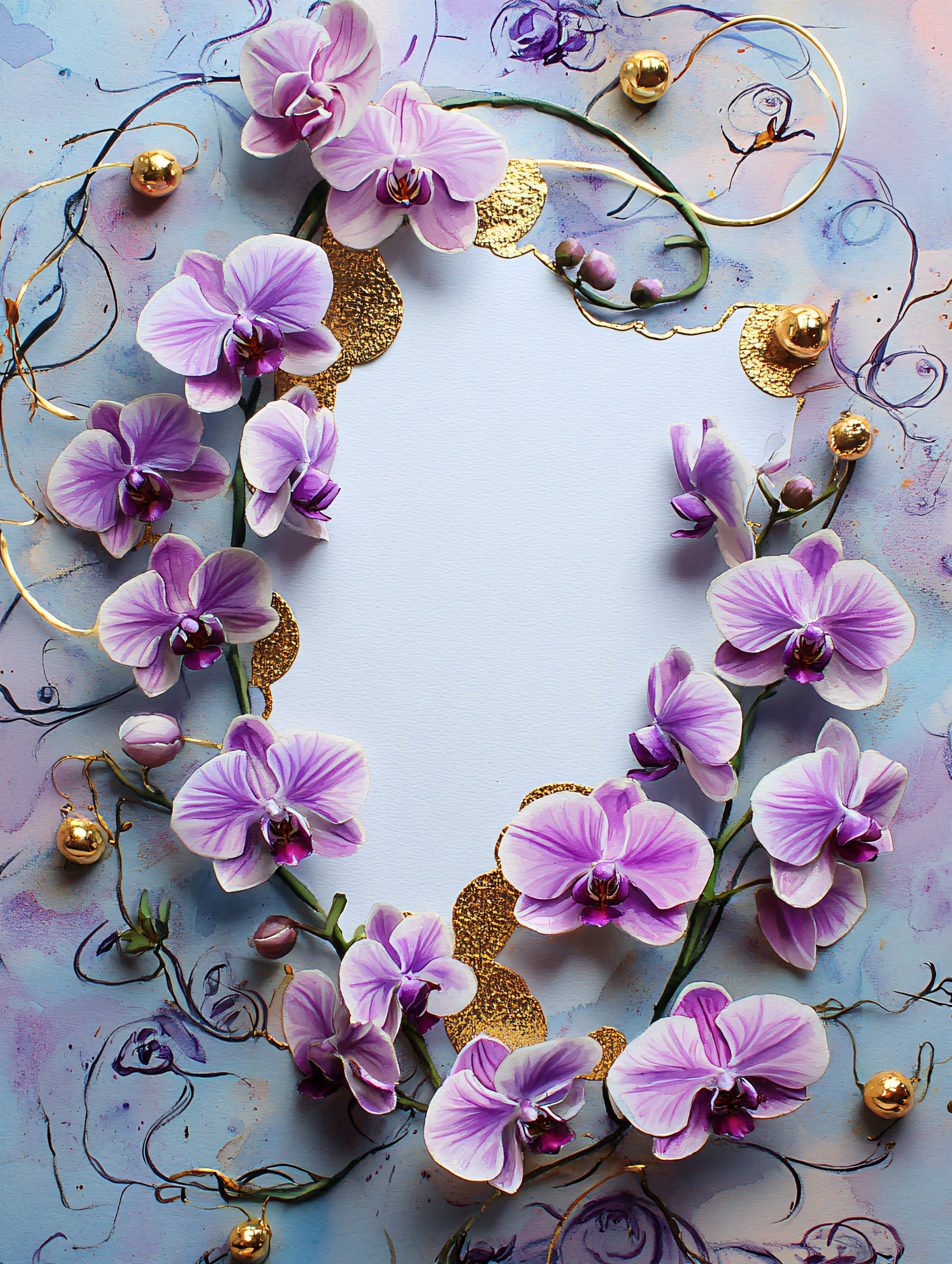 Orchid Frame with Purple Flowers and Gold Accents