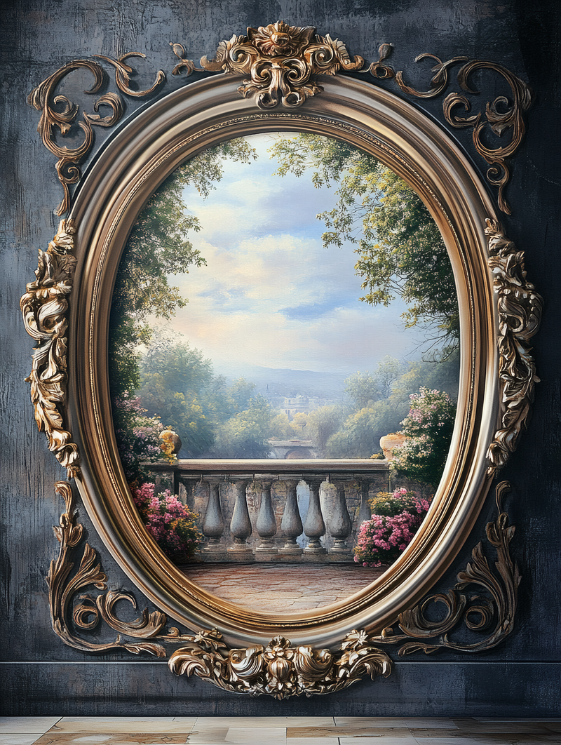 Ornate Oval Frame with Garden Balcony View