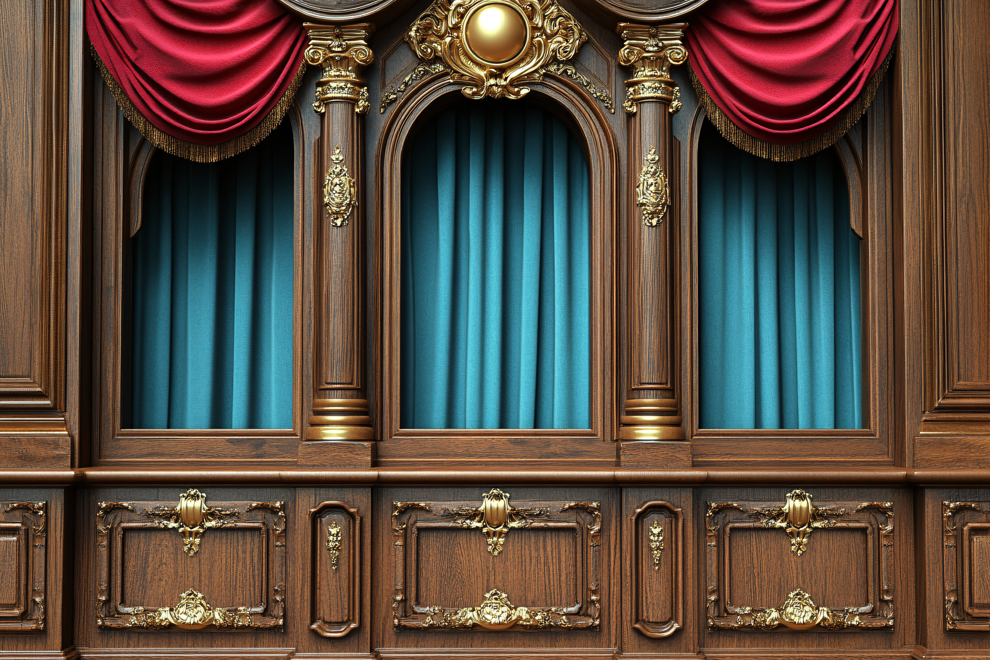 Ornate Wooden Panel with Teal Curtains