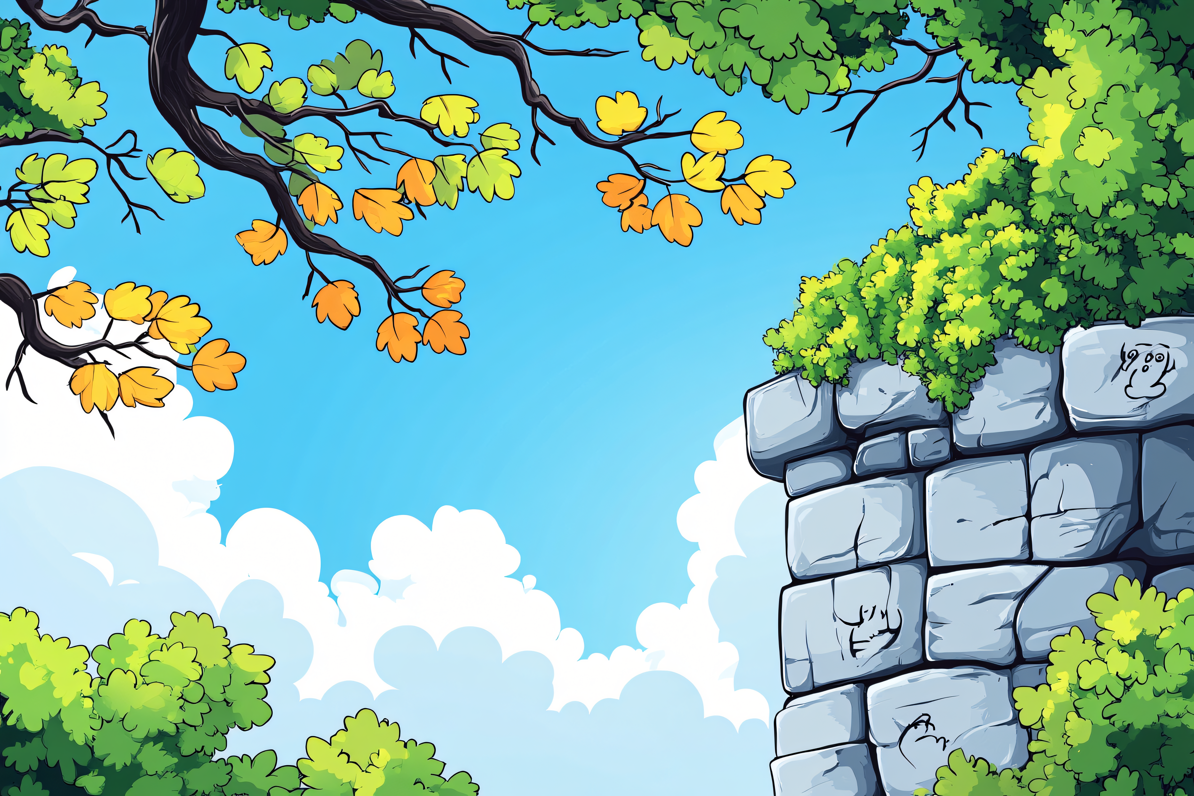 Overhanging Branches and Stone Wall Scene
