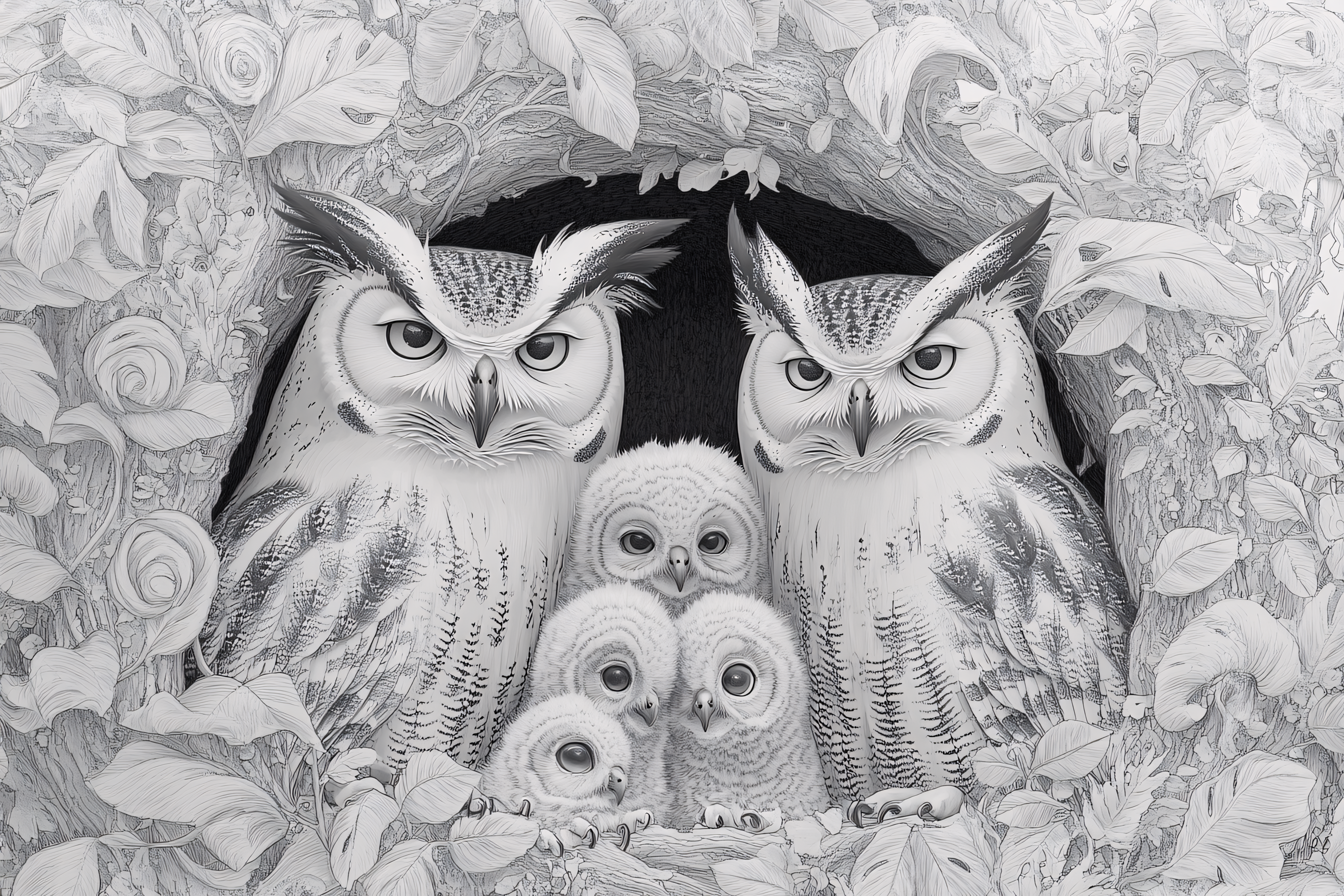 Owl Family In Tree Hollow