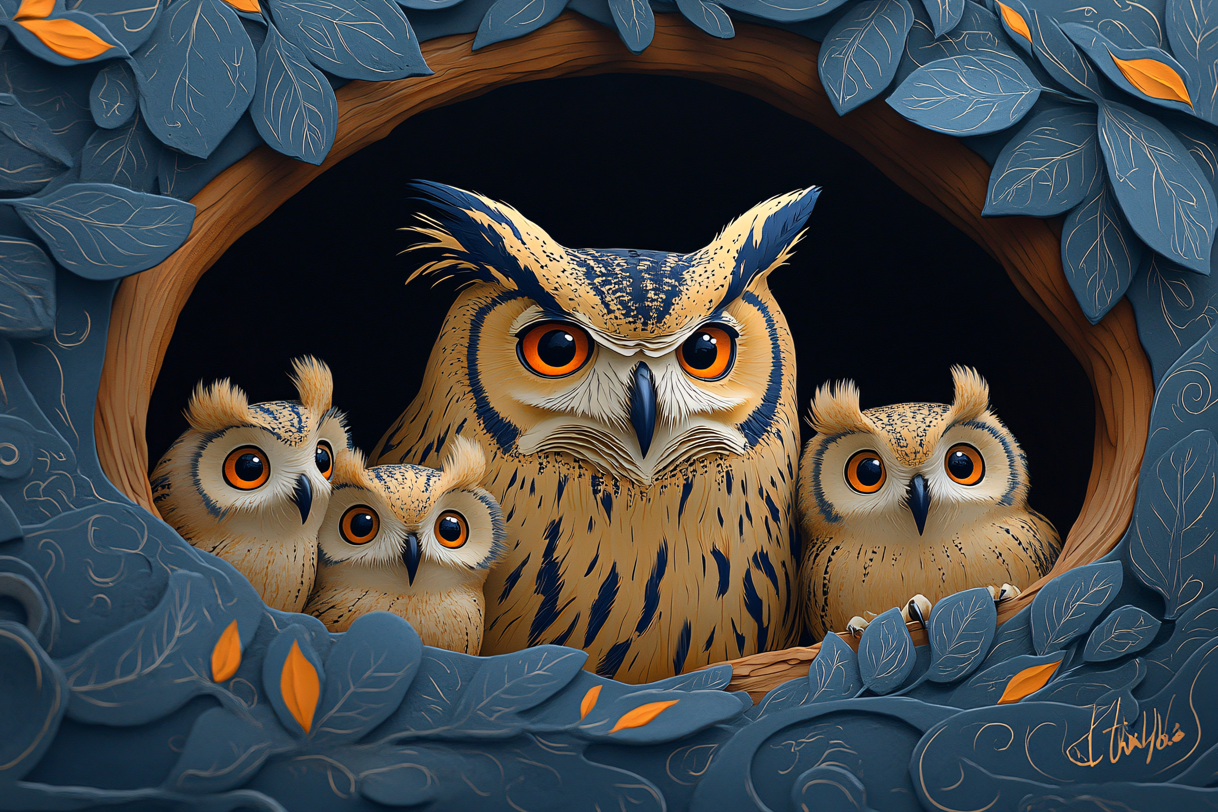 Owl Family In Tree Hollow