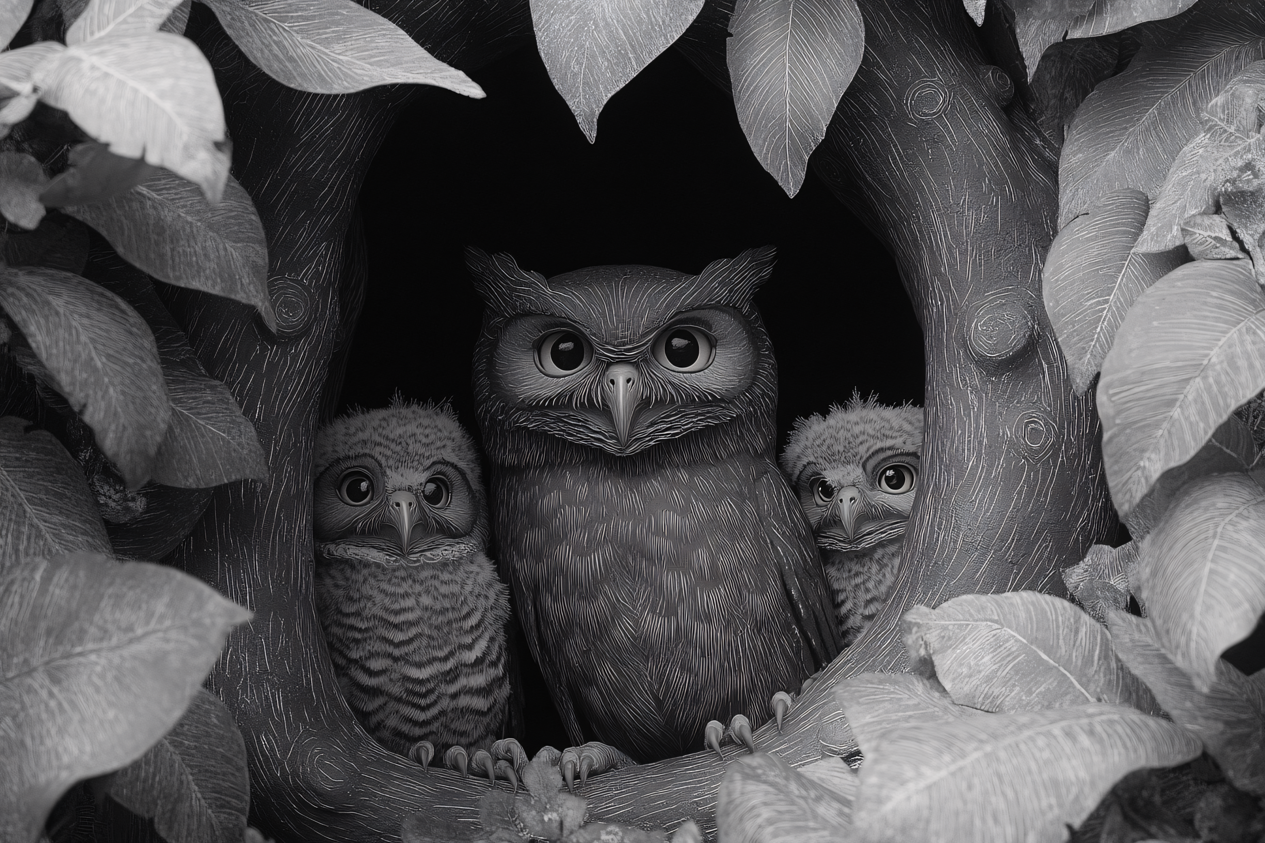 Owl Family In Tree Hollow