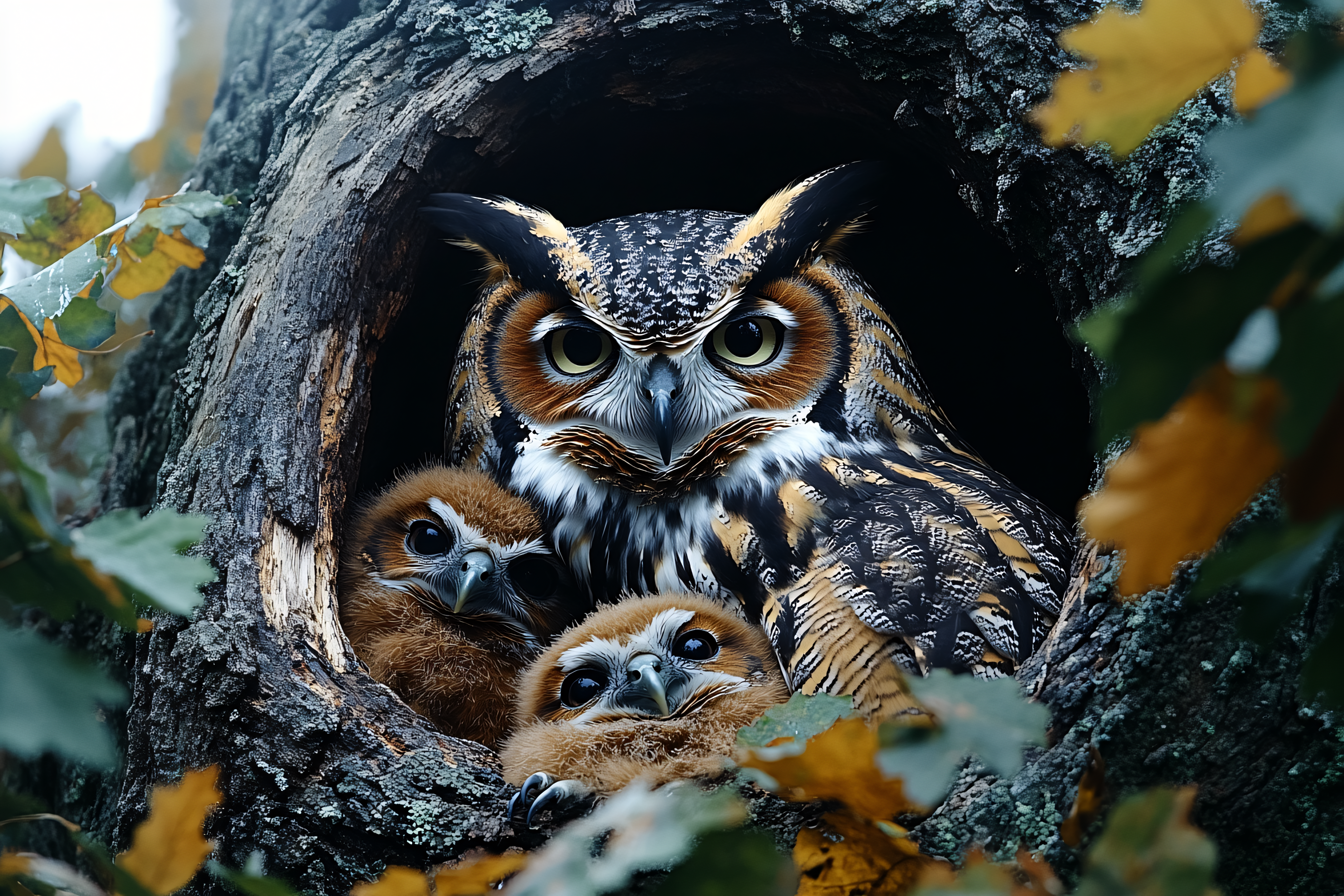 Owl Family Portrait In Tree Hollow