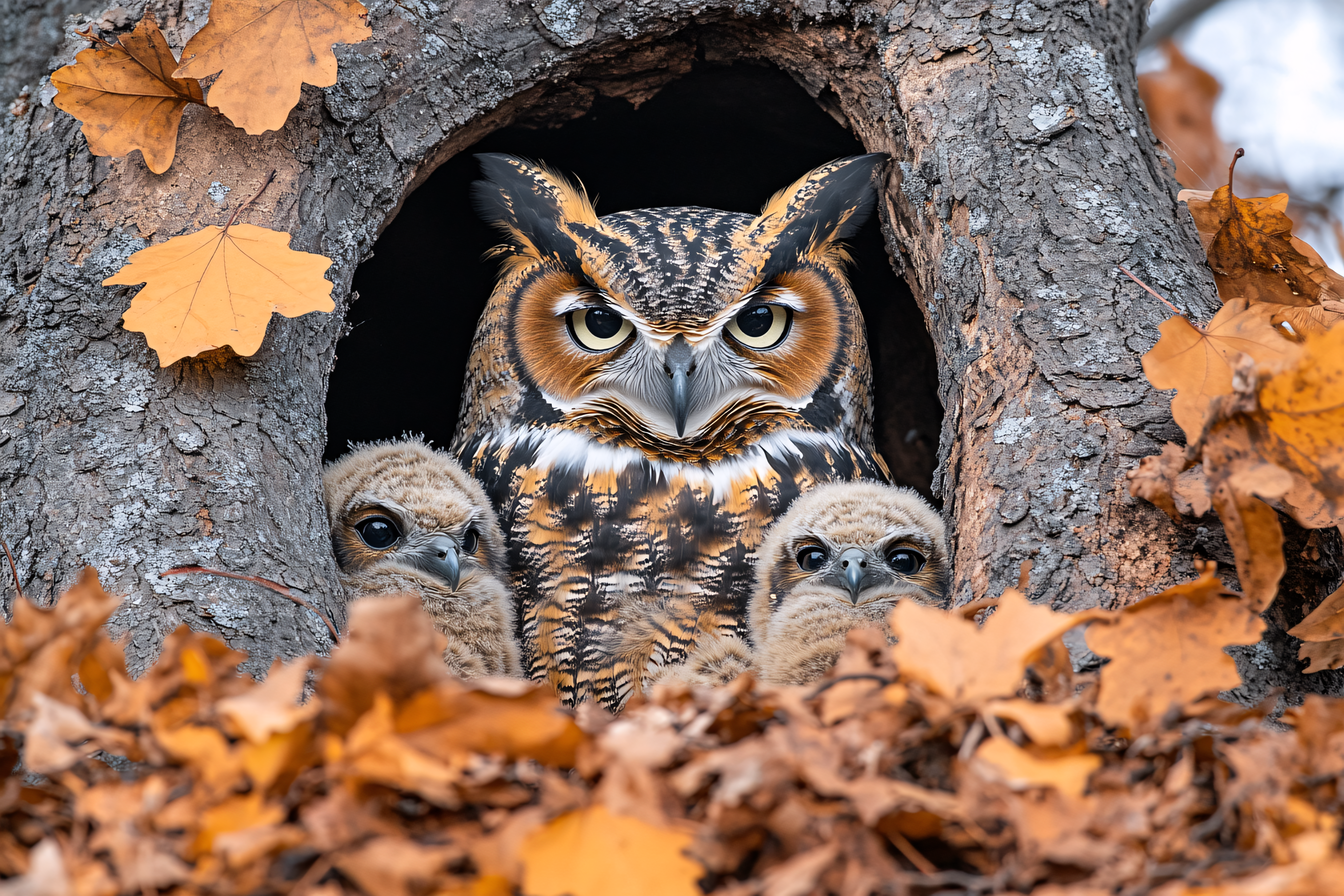 Owl Family Portrait in Tree Hollow