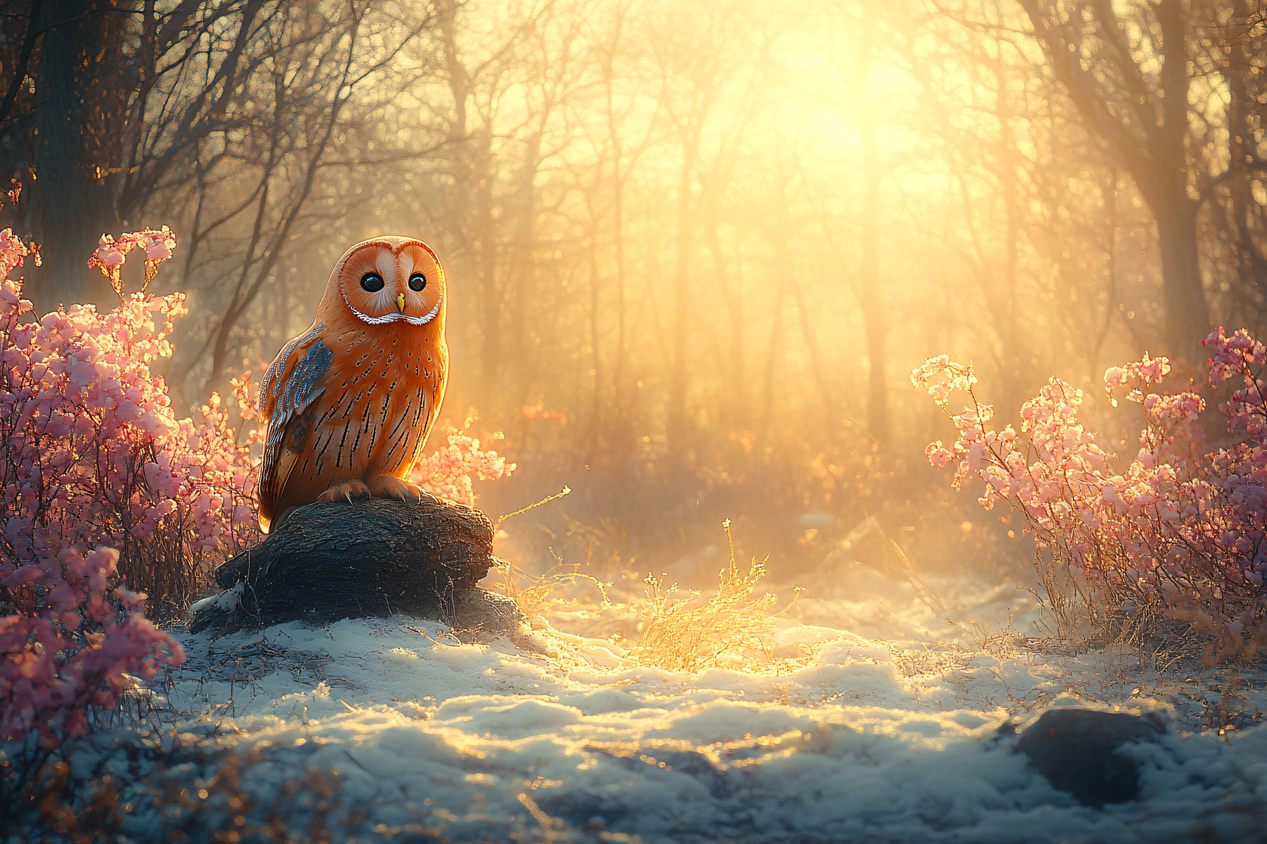 Owl In Winter Blossom Forest