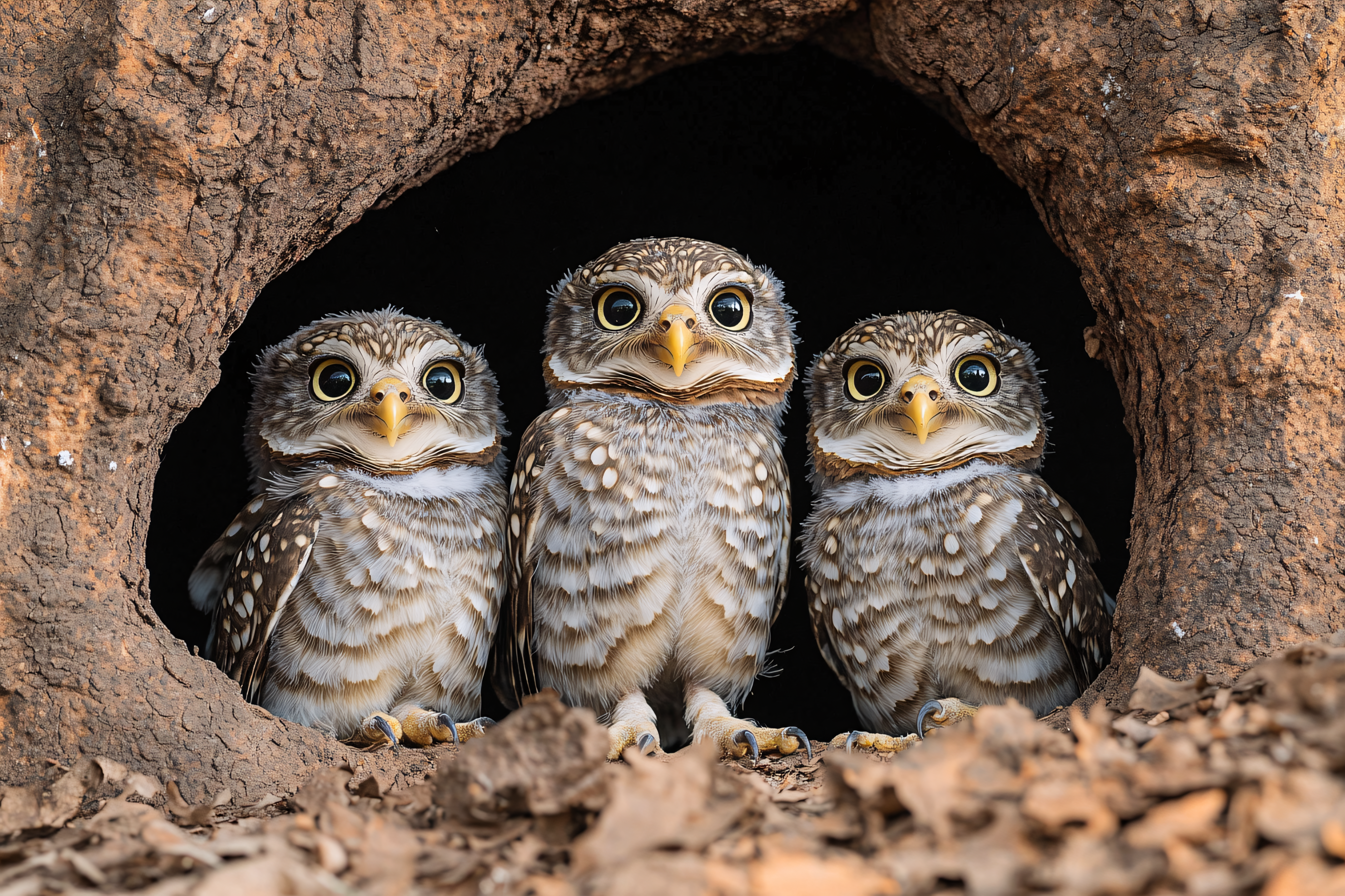 Owlet Trio Perched In Tree Hollow
