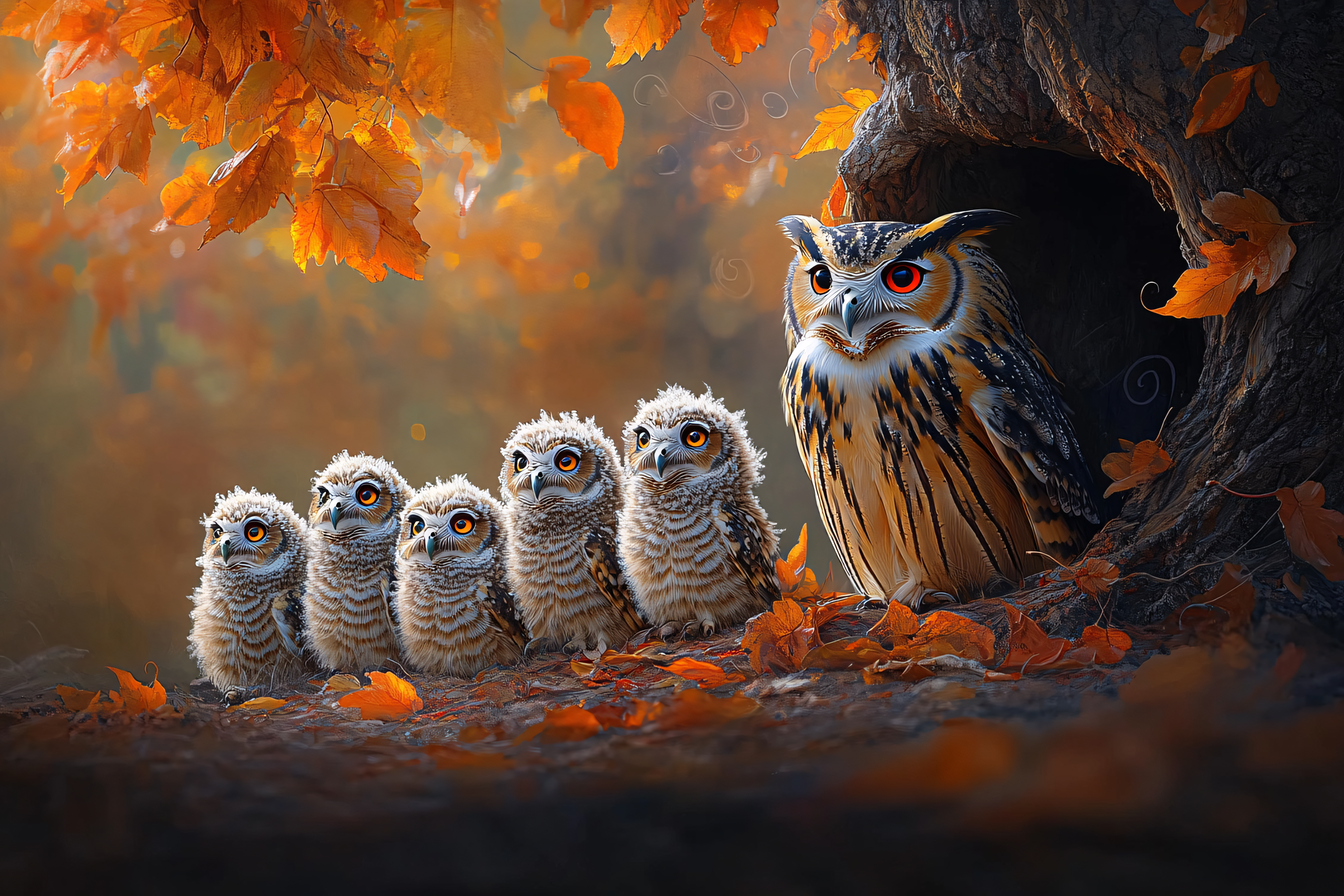 Owls Family in Autumn