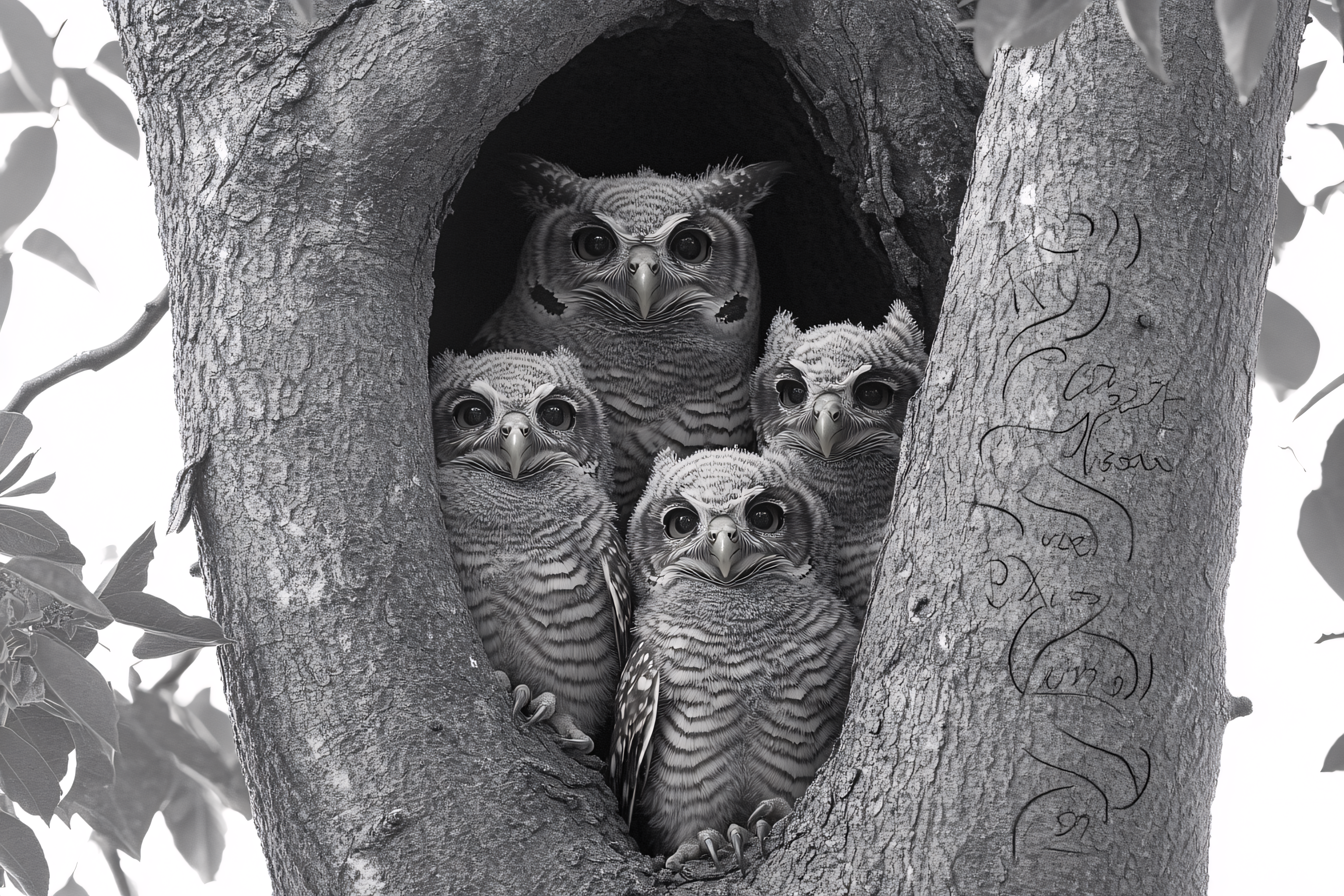 Owls Family In Tree Hollow