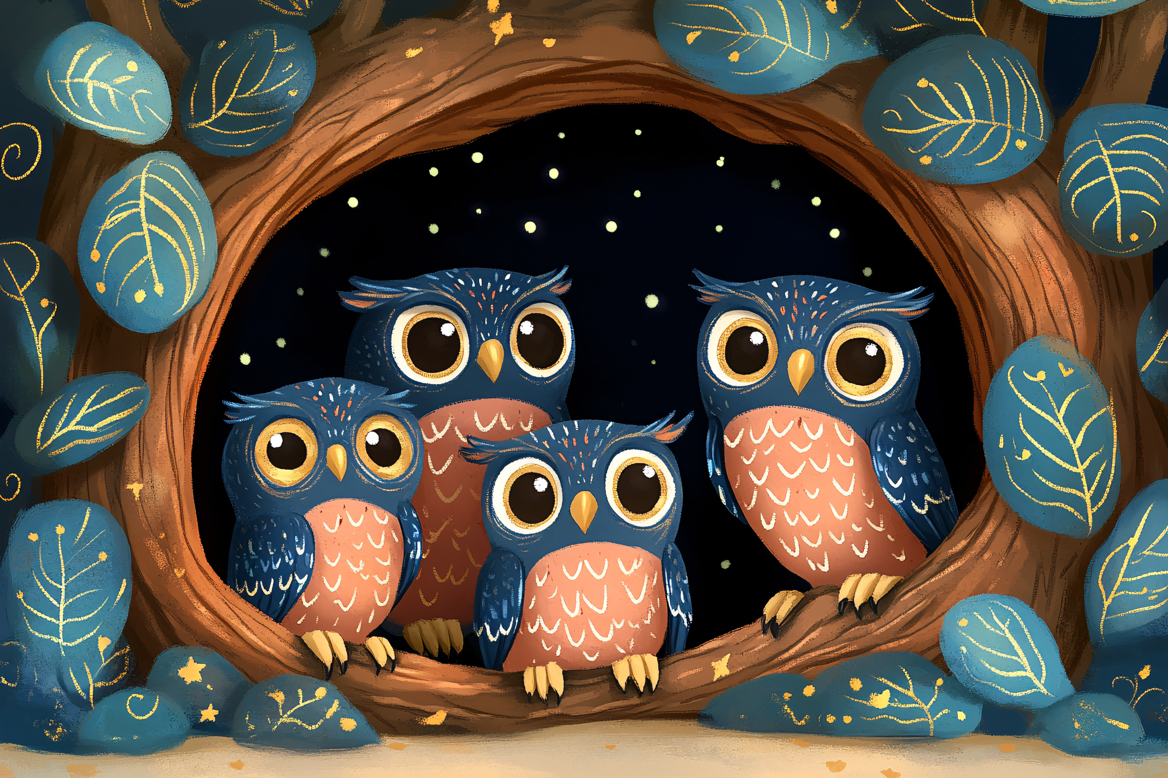 Owls Family In Tree Hollow