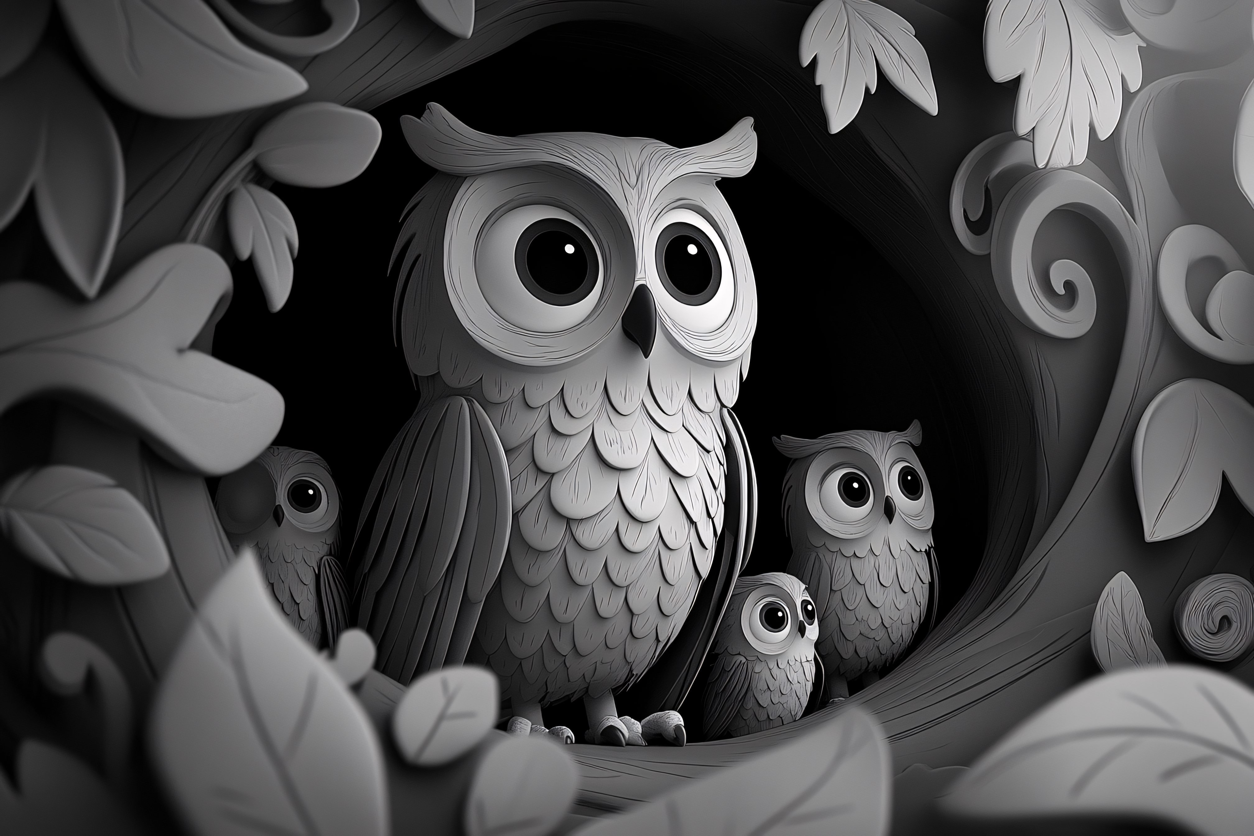 Owls Family In Tree Hollow