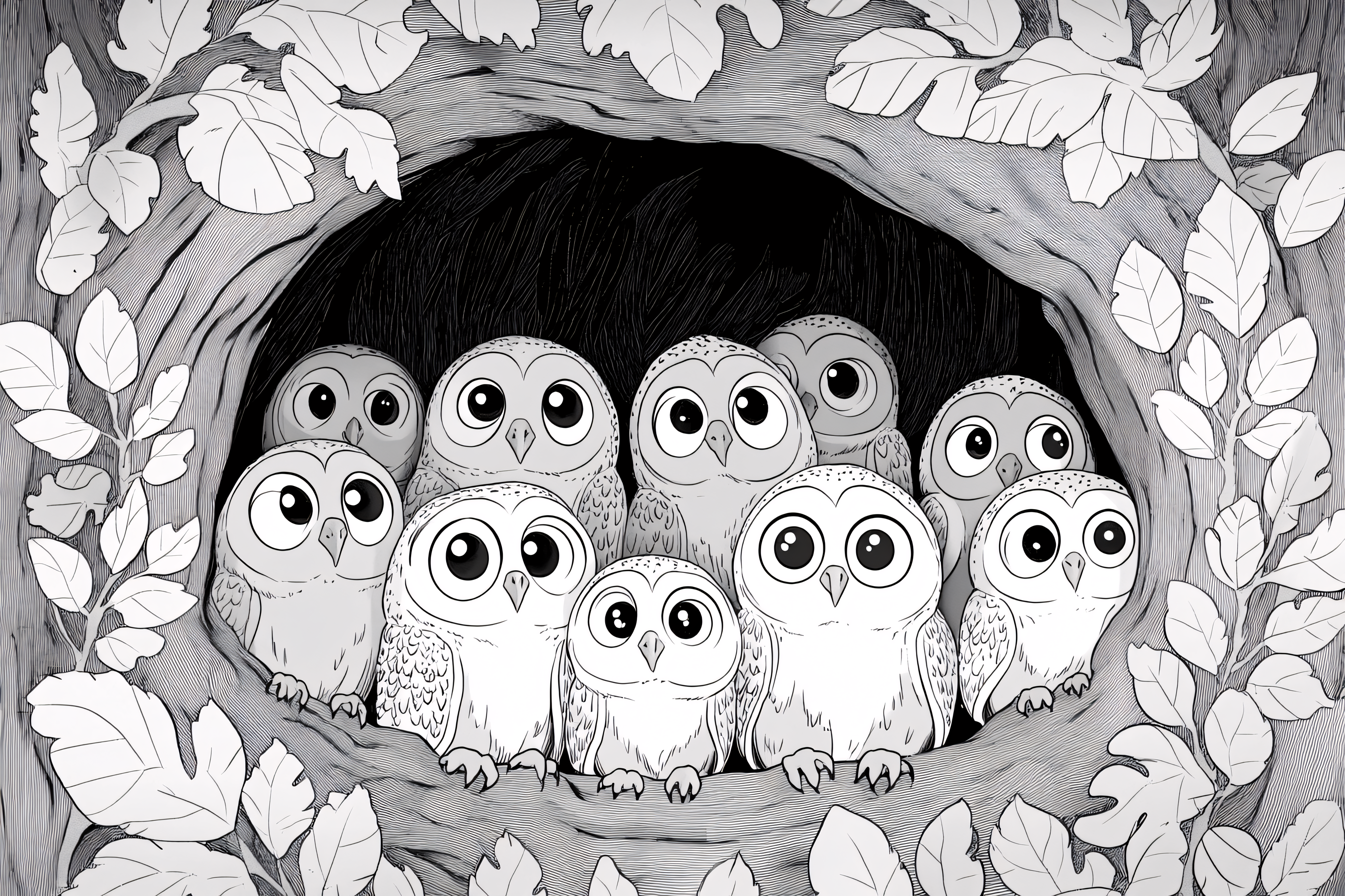 Owls Family in Tree Hollow Illustration