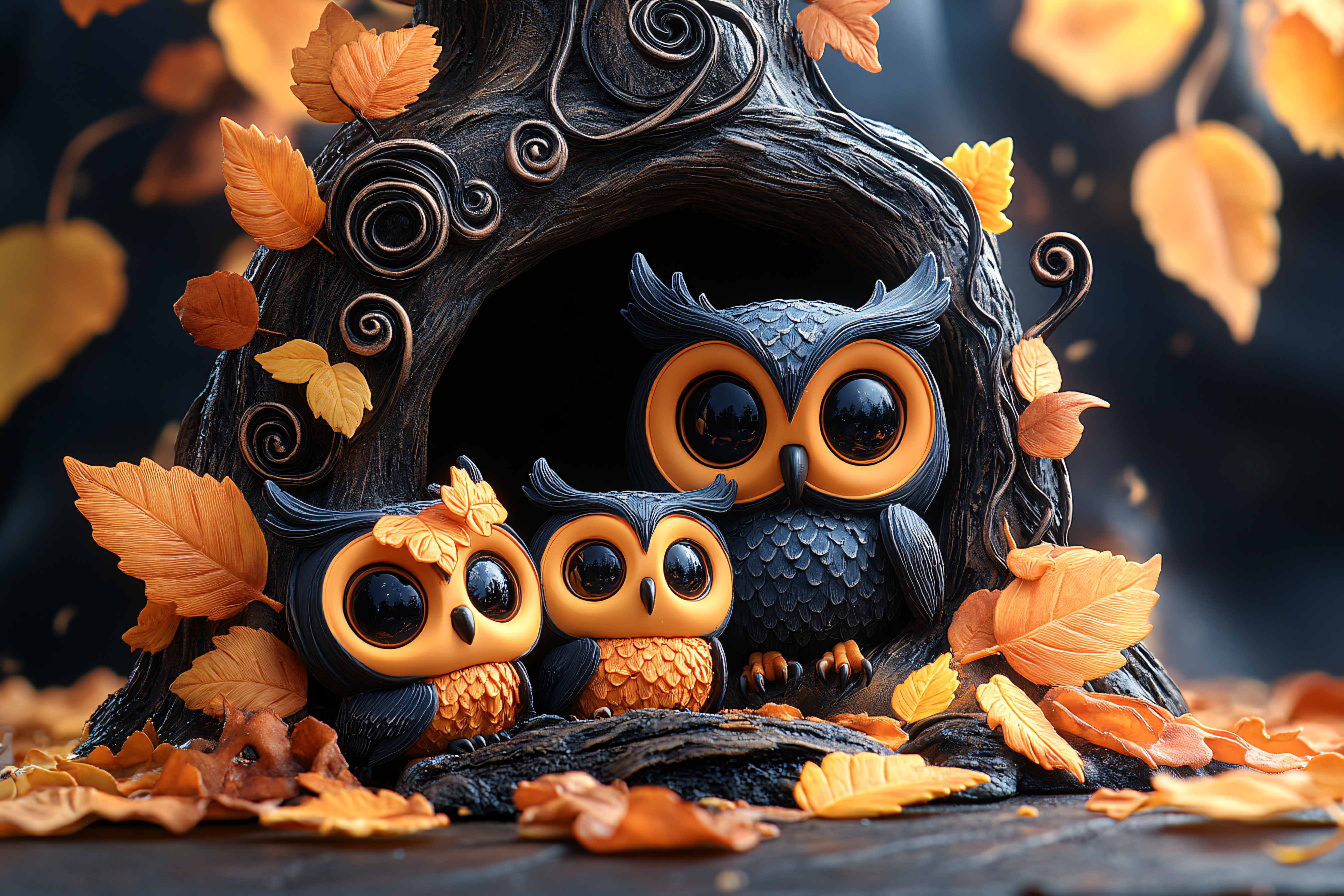 Owls in Autumn Tree Hollow