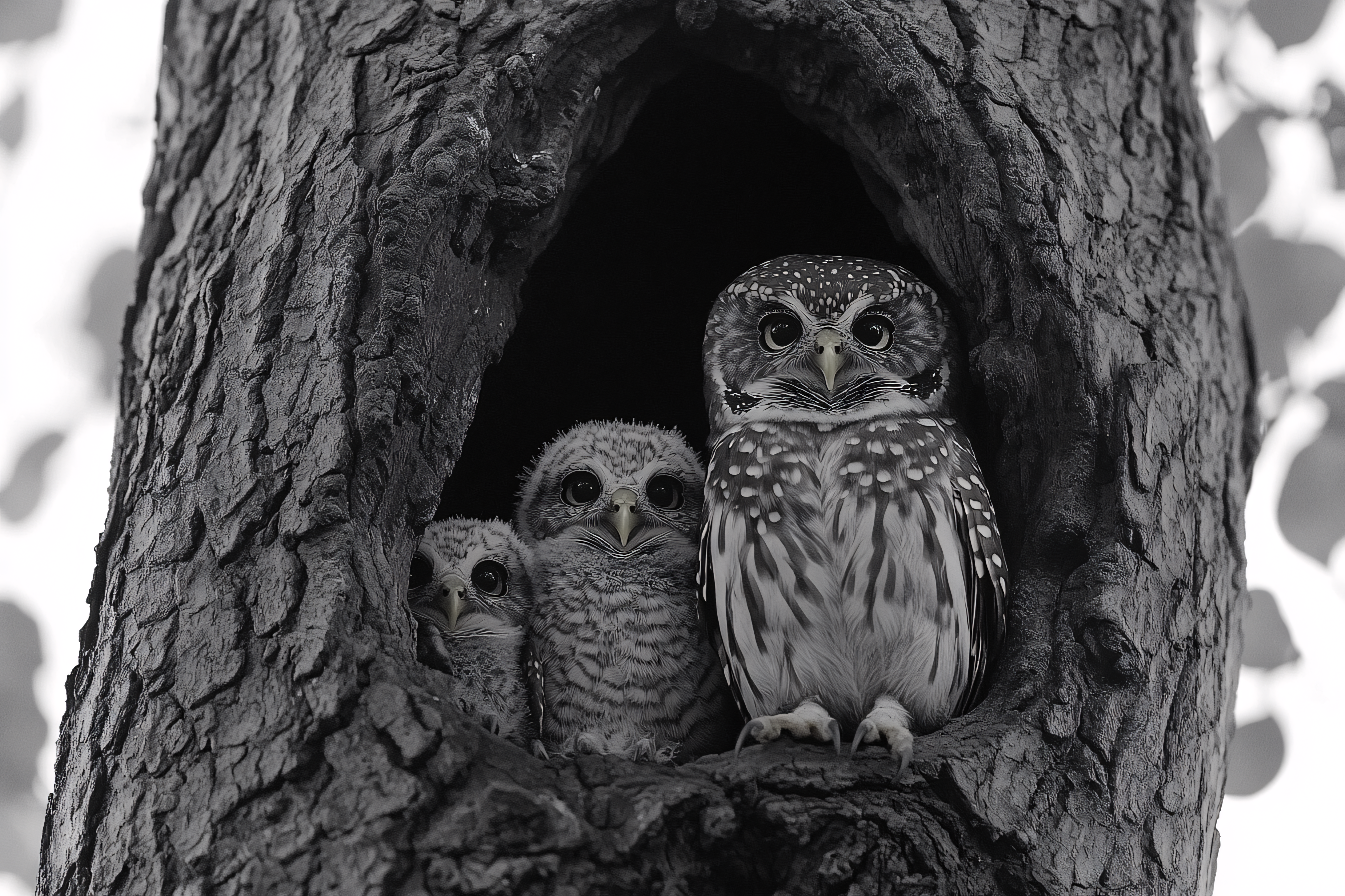 Owls In Tree Hollow