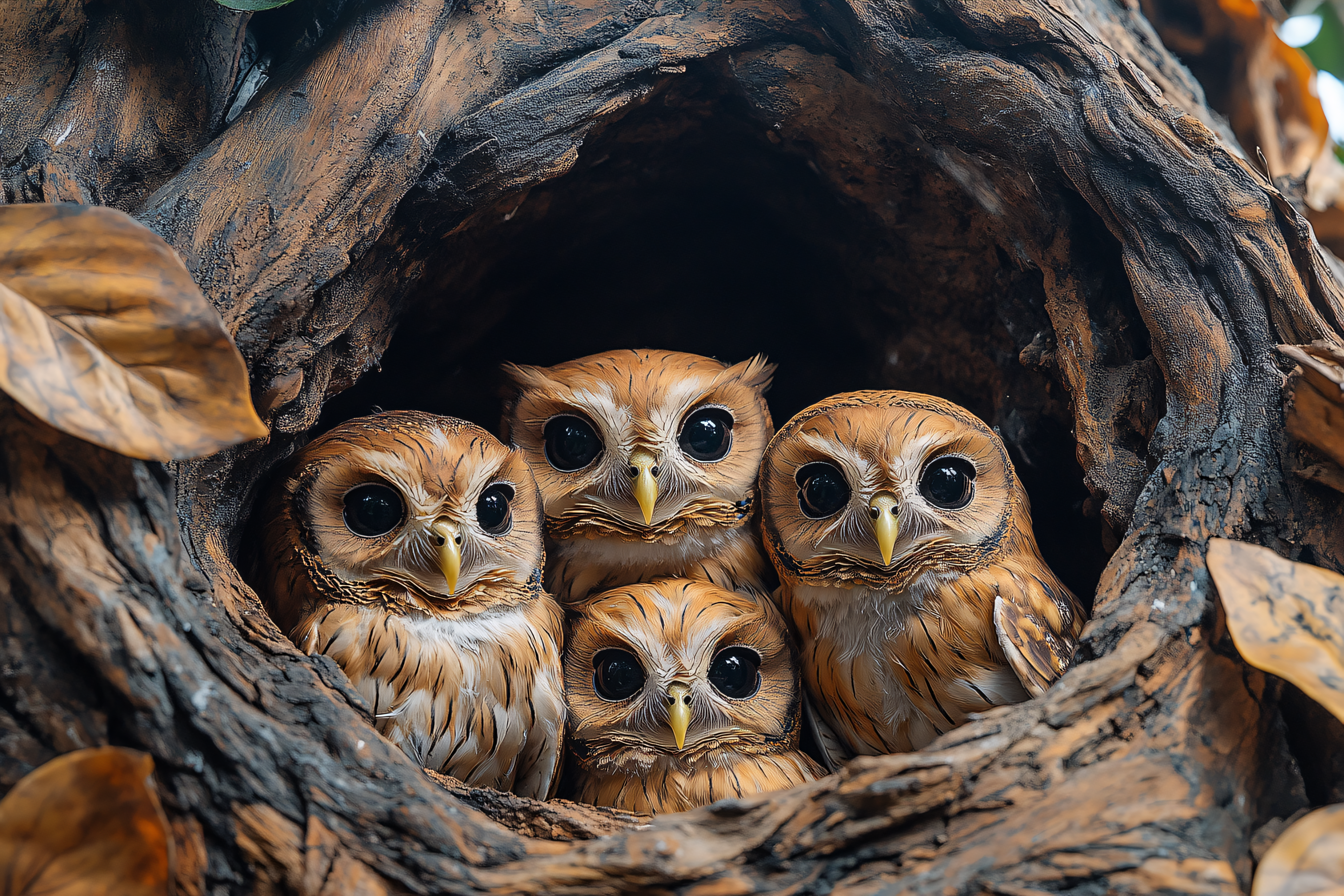 Owls In Tree Hollow