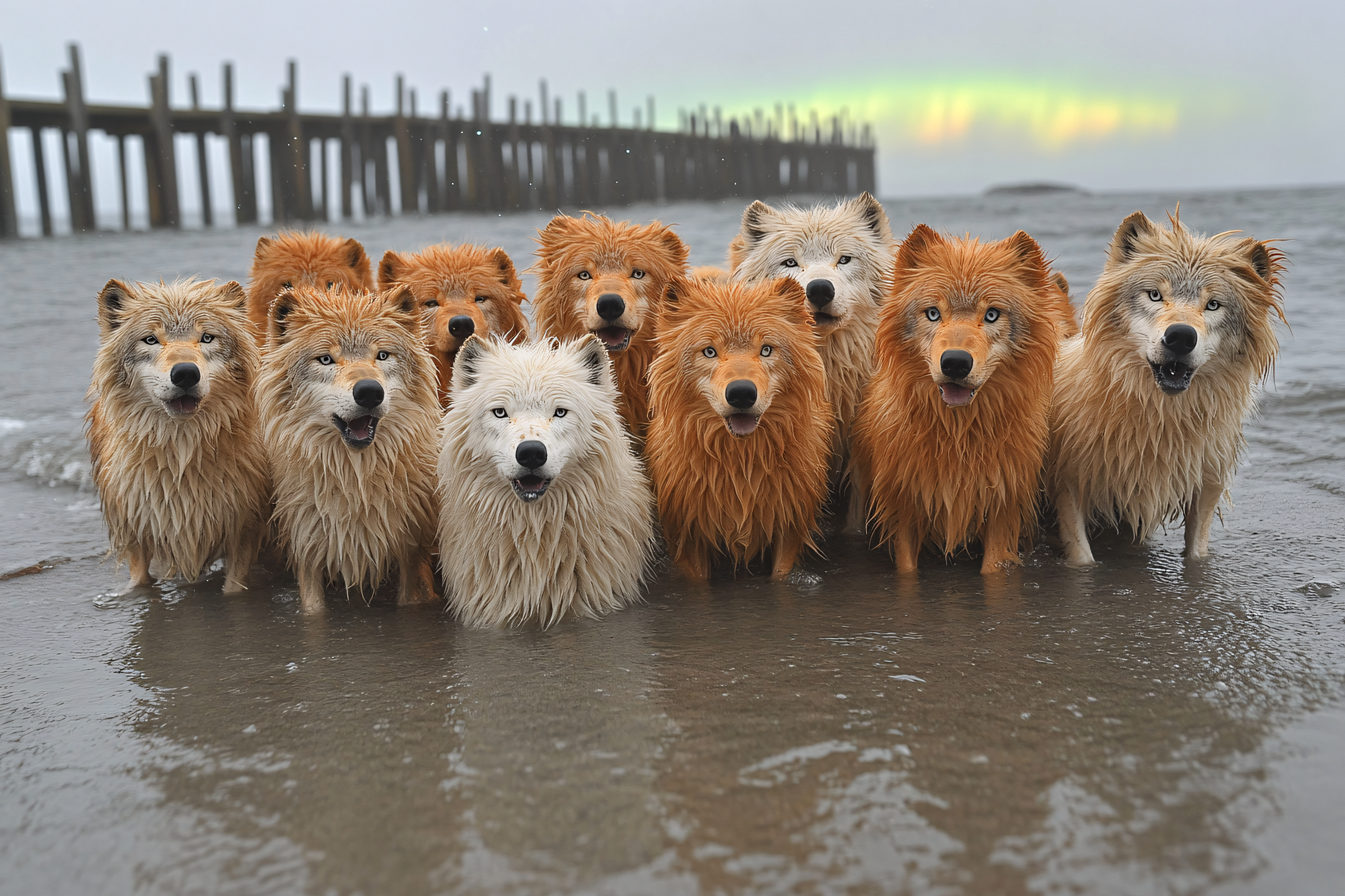 Pack of Wet Dogs on a Beach