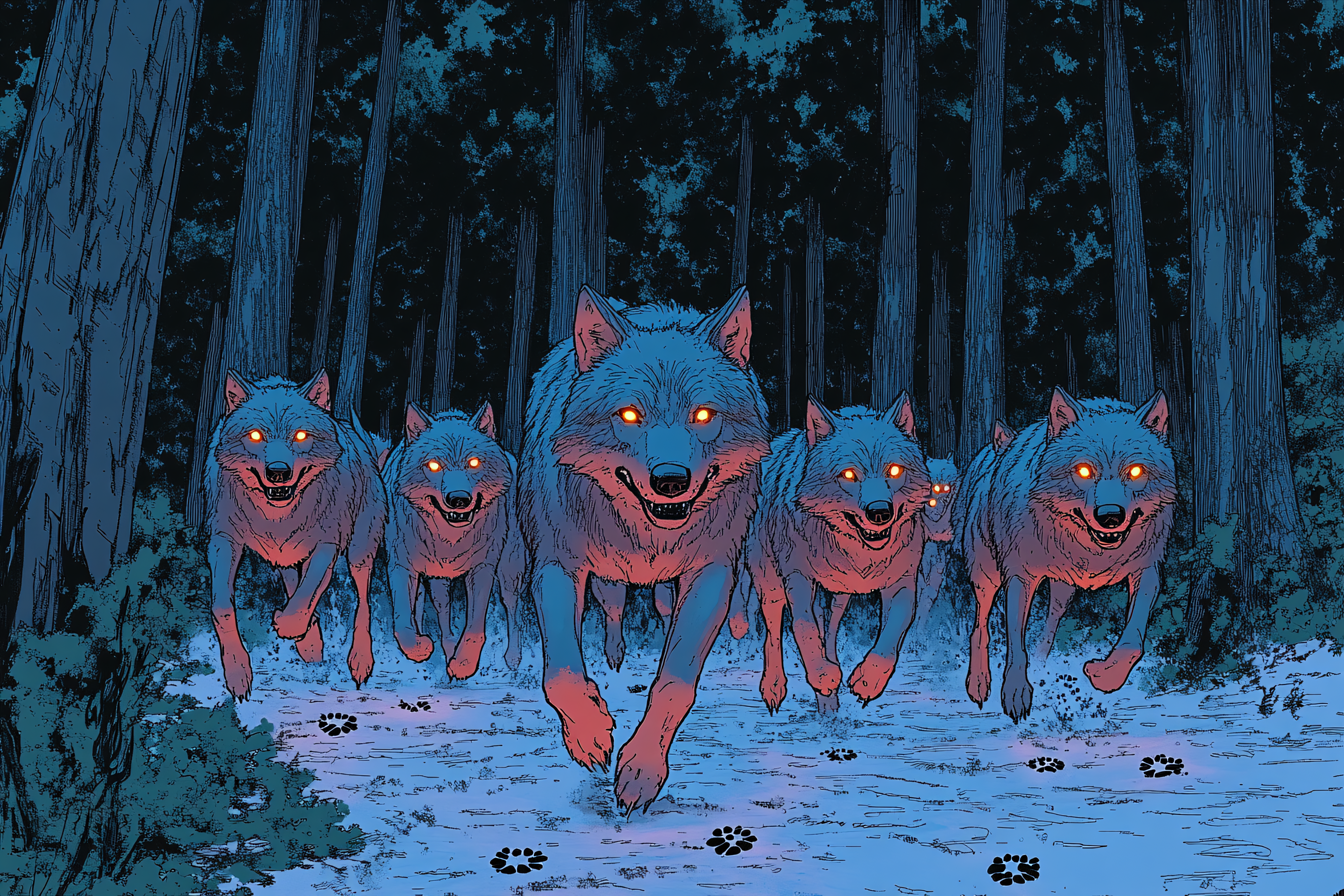Pack Of Wolves Running In Dark Forest