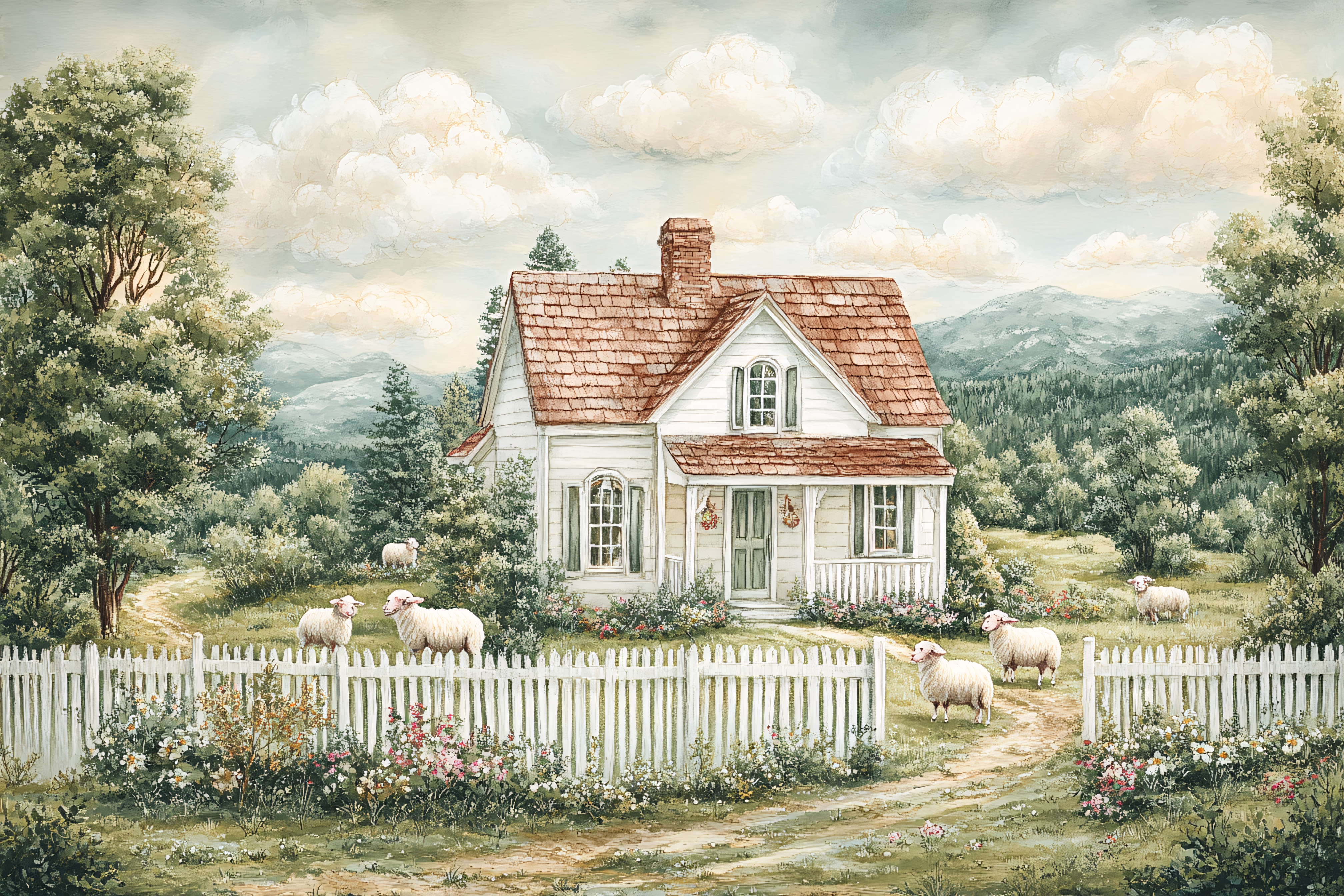 Pastoral Cottage with Sheep