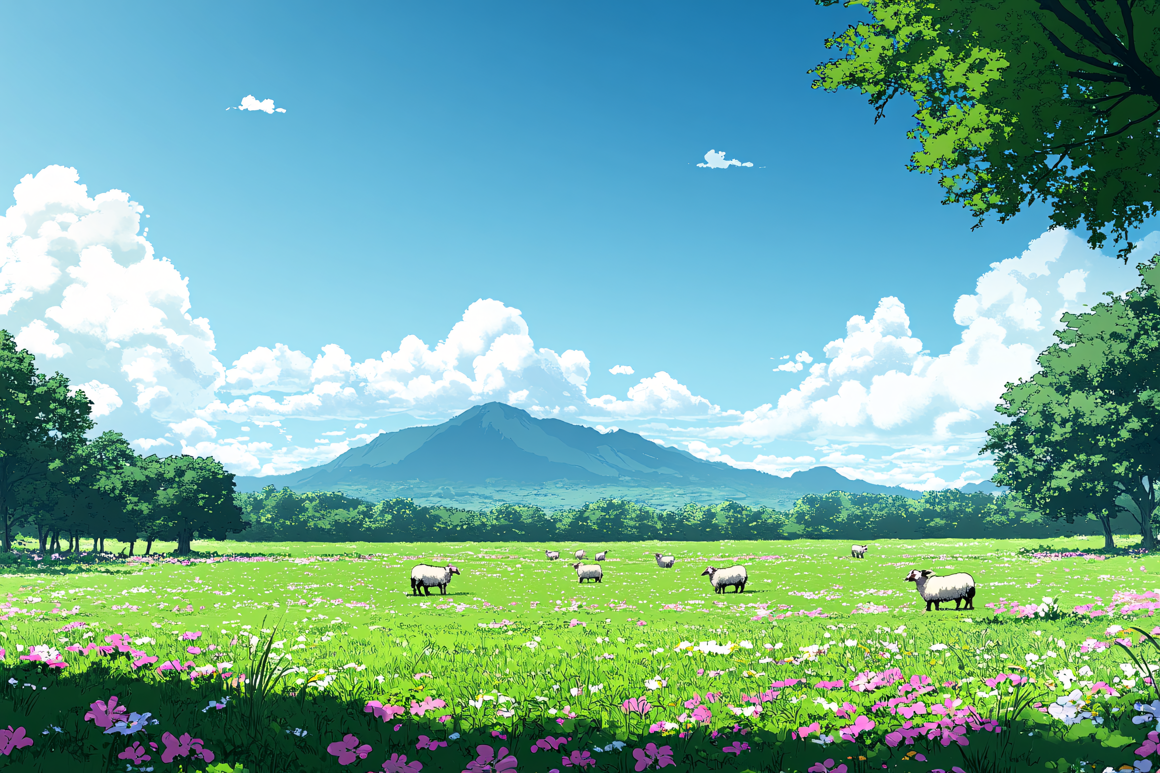 Pastoral Meadow with Grazing Sheep