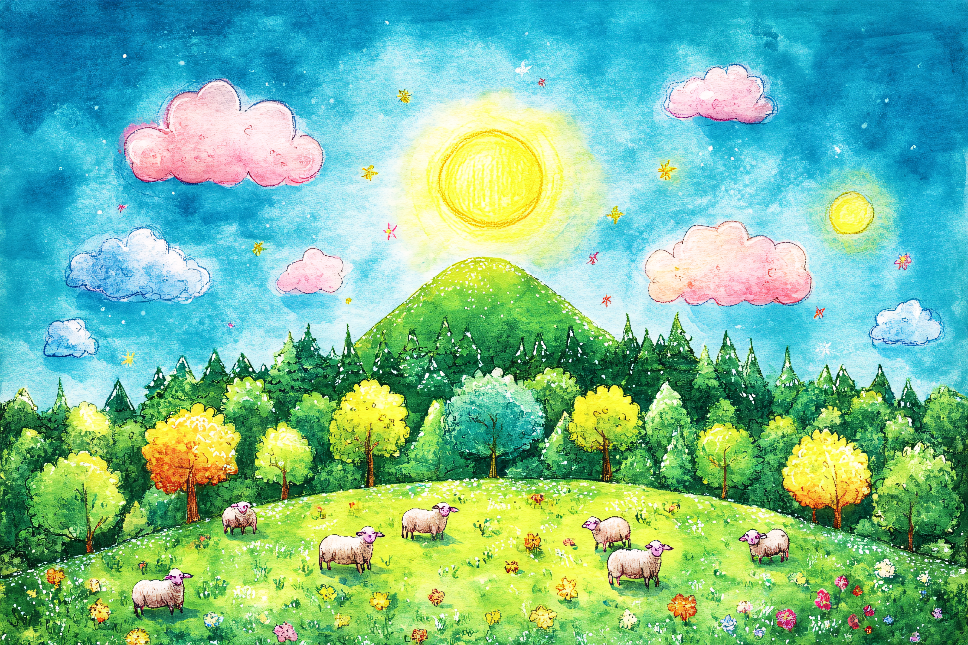 Pastoral Sheep Scene Watercolor