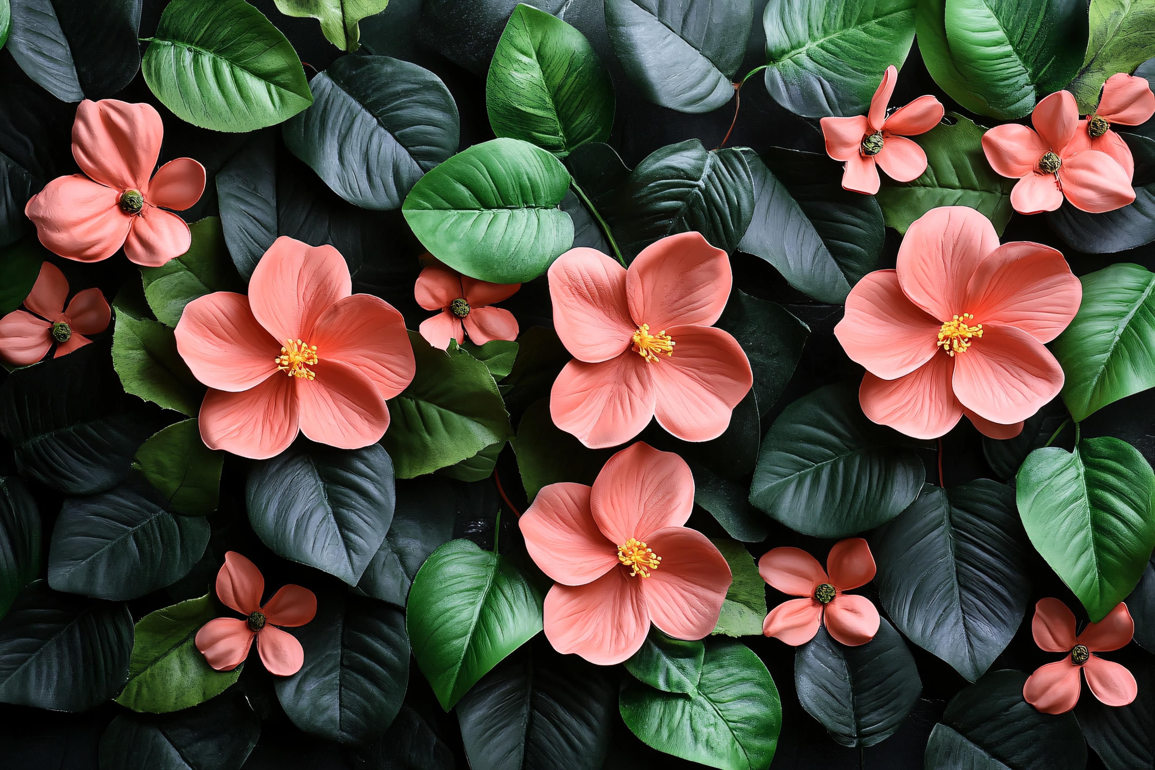 Peach Flowers and Green Leaves