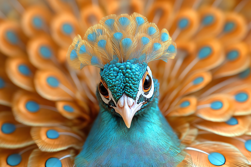 Peacock Head with Displayed Feathers