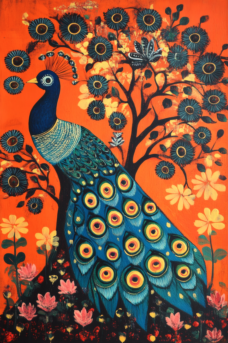 Peacock in a Floral Landscape