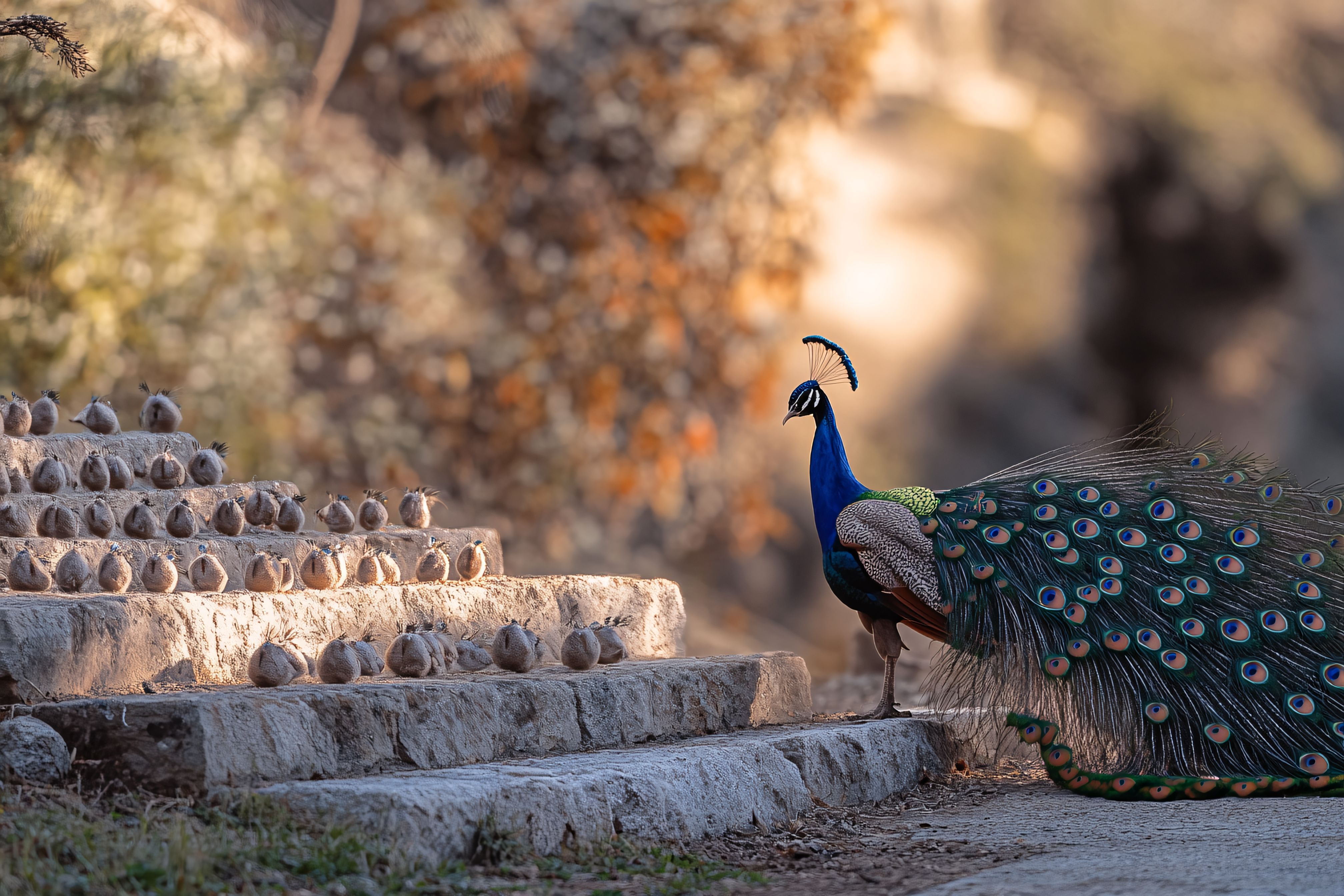 Peacock Perched on Stone Steps with Spherical Objects