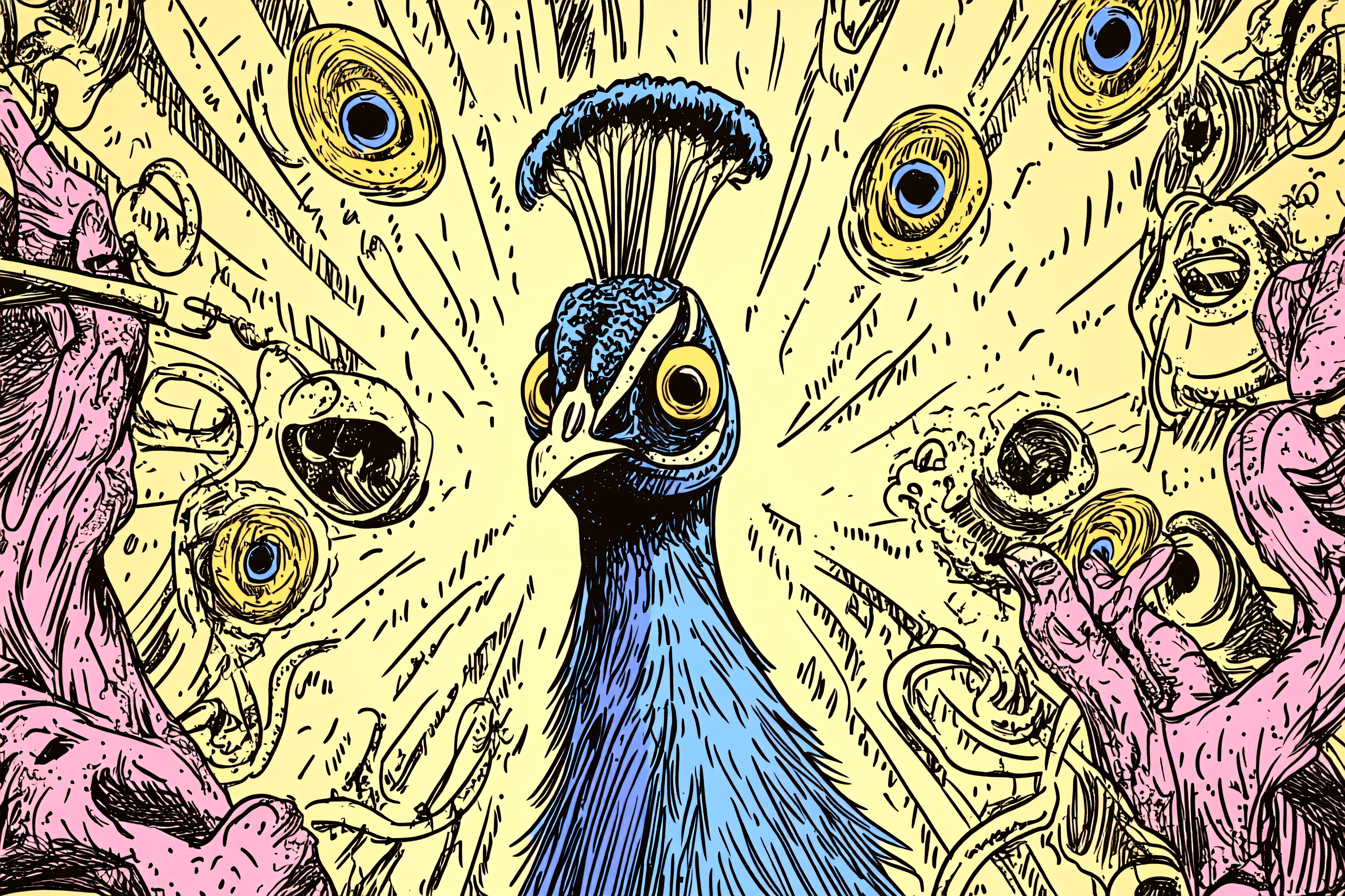Intricate Peacock Illustration with Feather Eyes