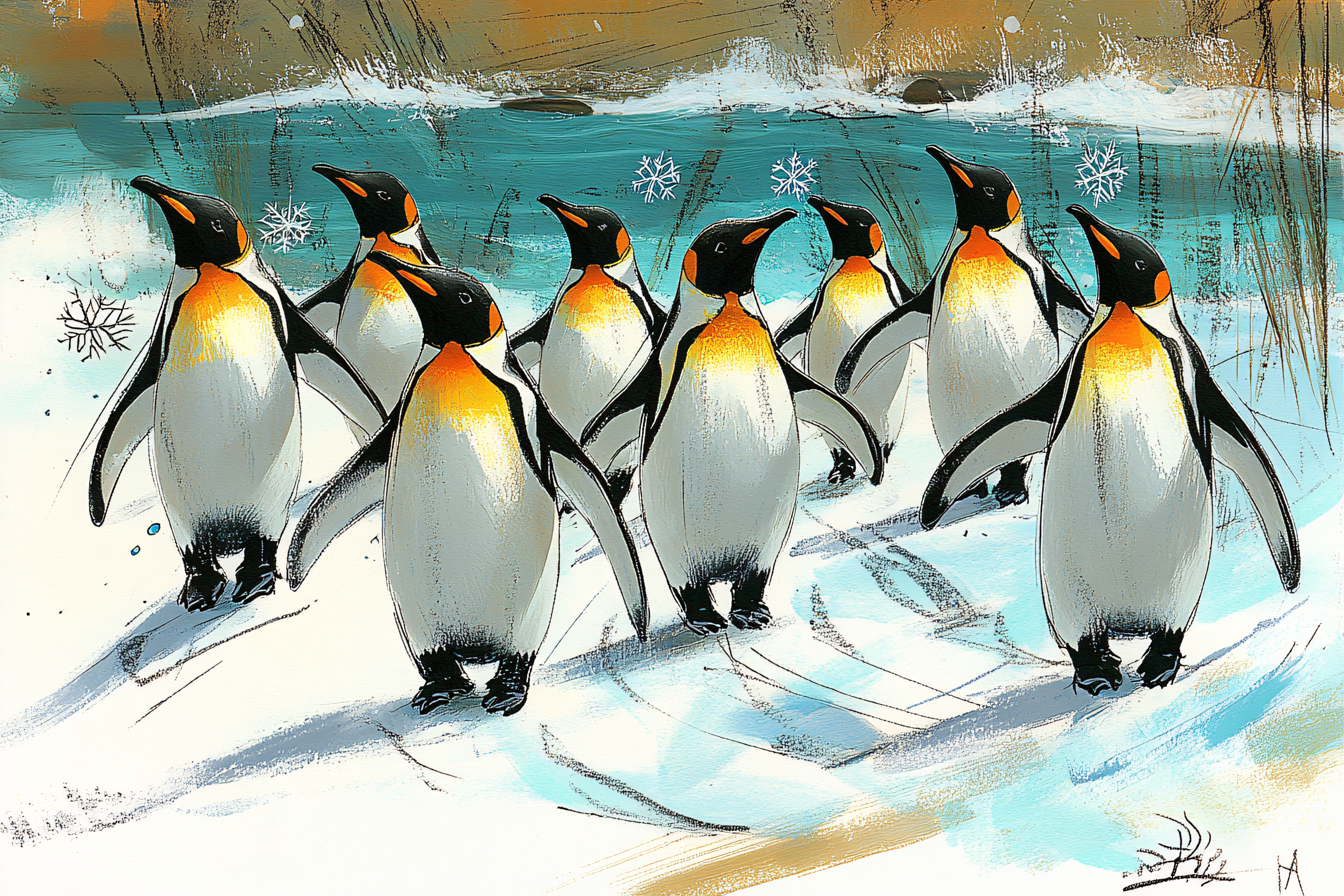 Penguin Parade in Snowy Landscape