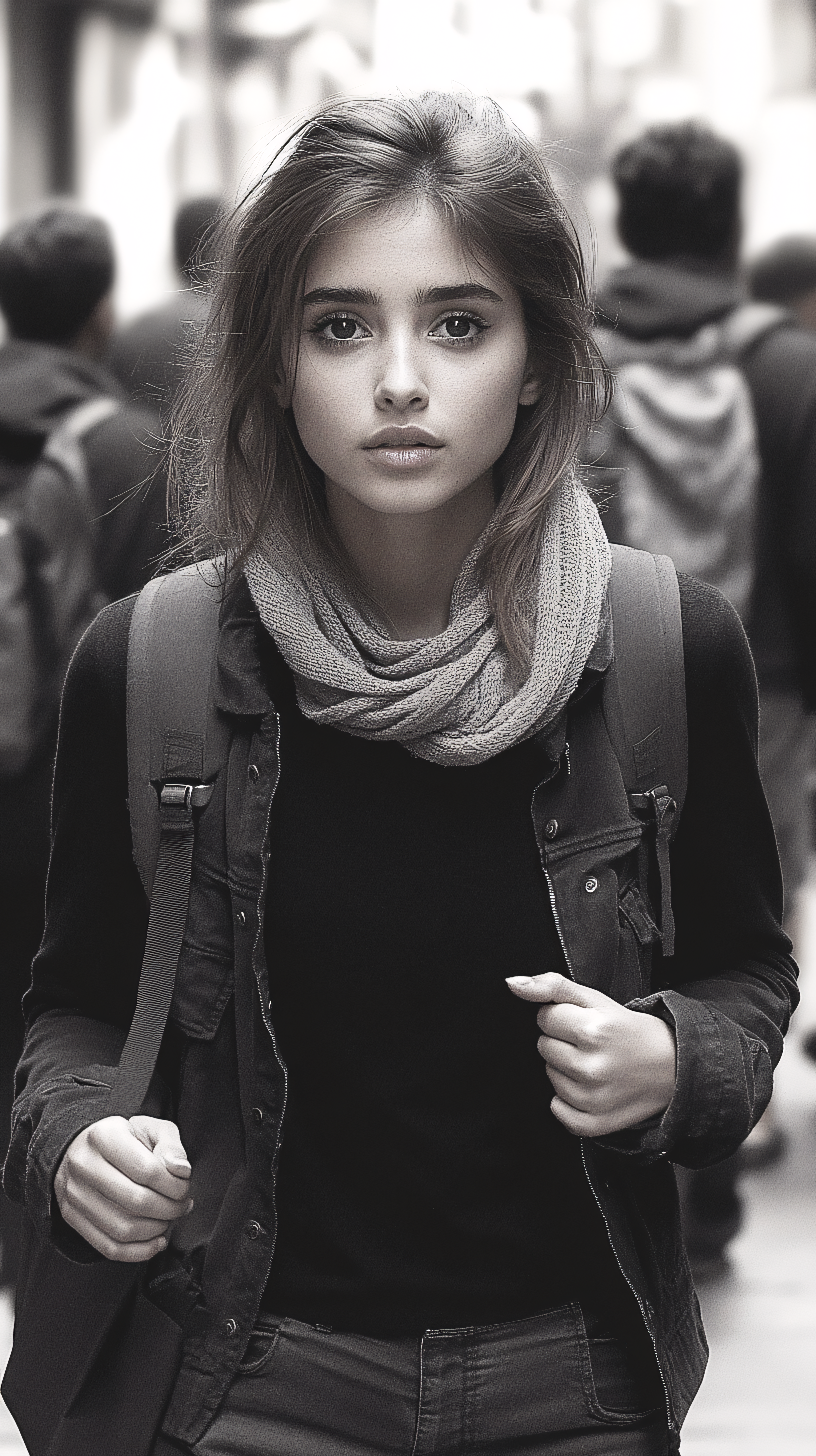Pensive Woman in City Crowd