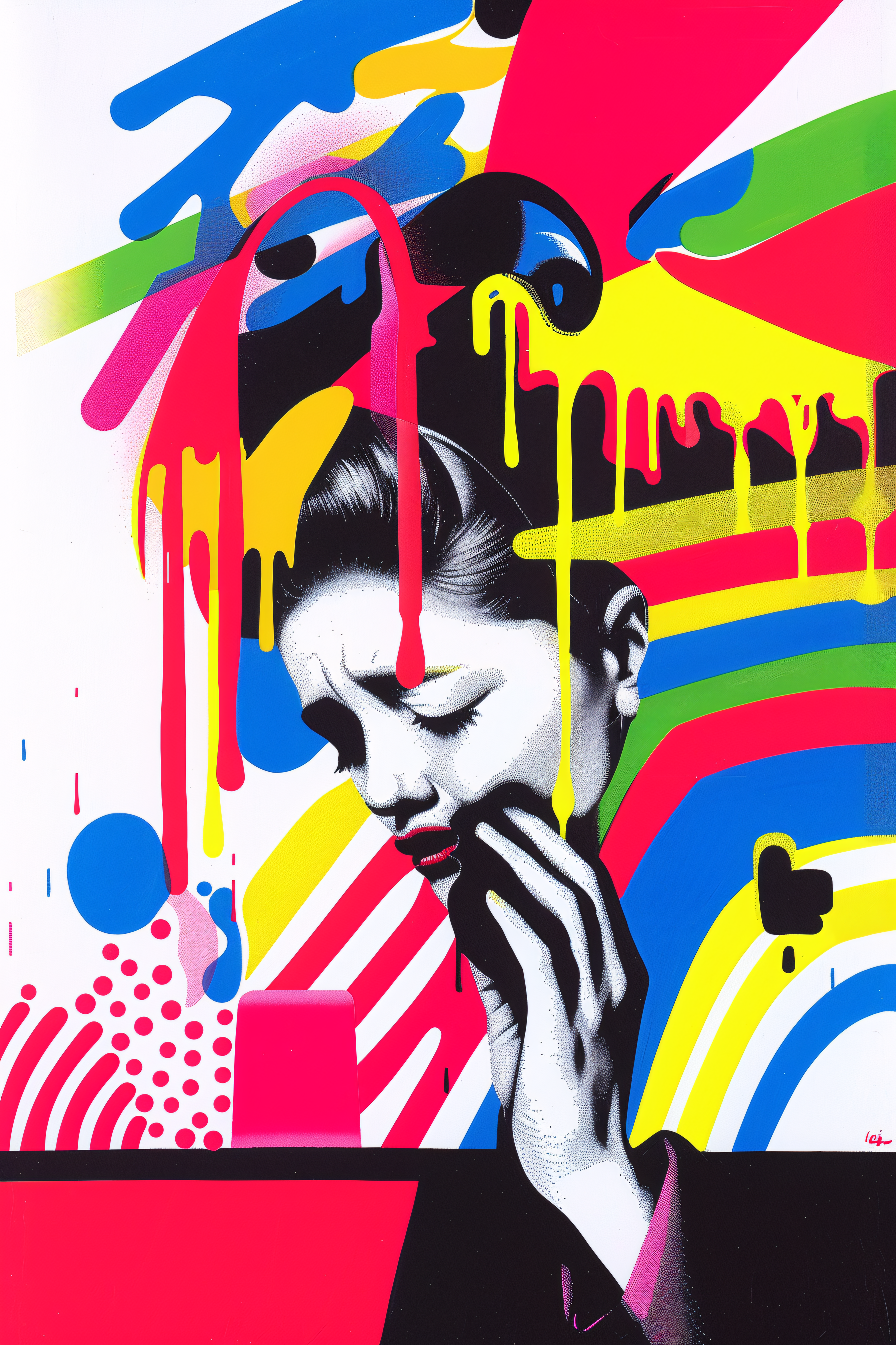 Pensive Woman with Abstract Drips