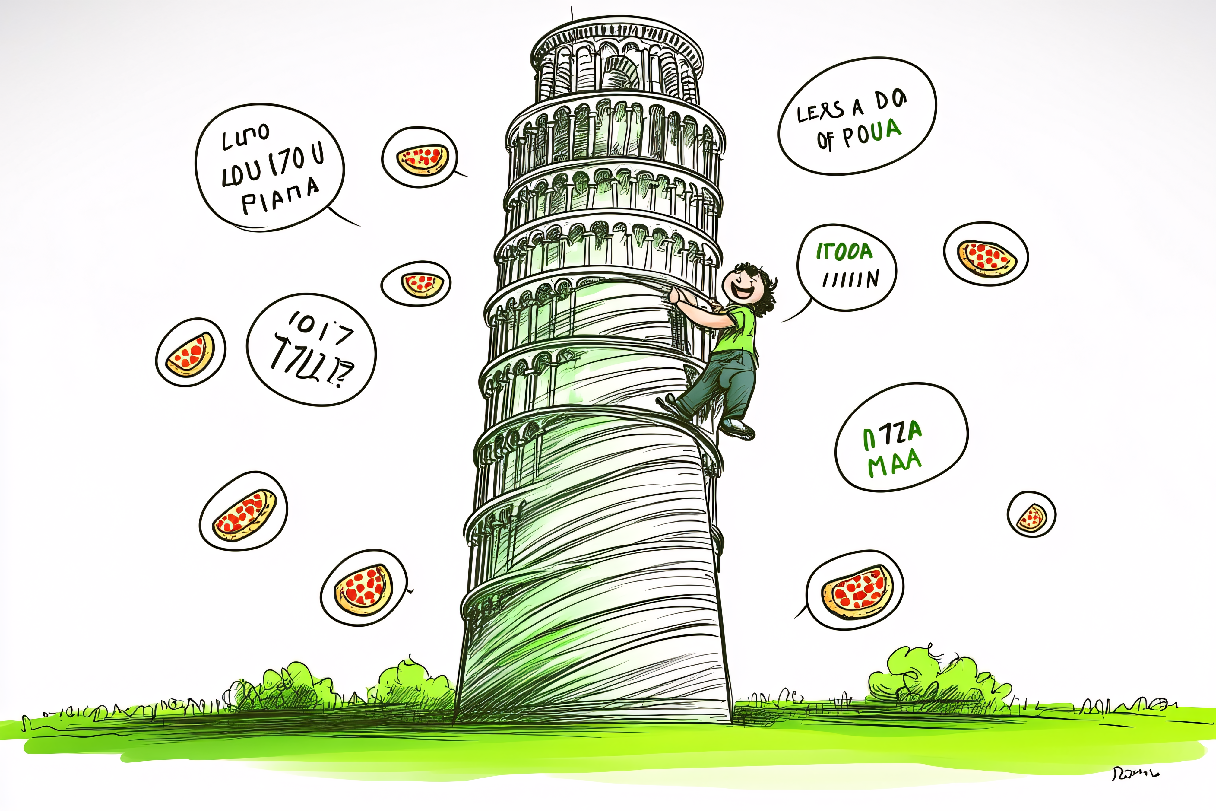 Person Climbing Leaning Tower of Pisa with Pizza