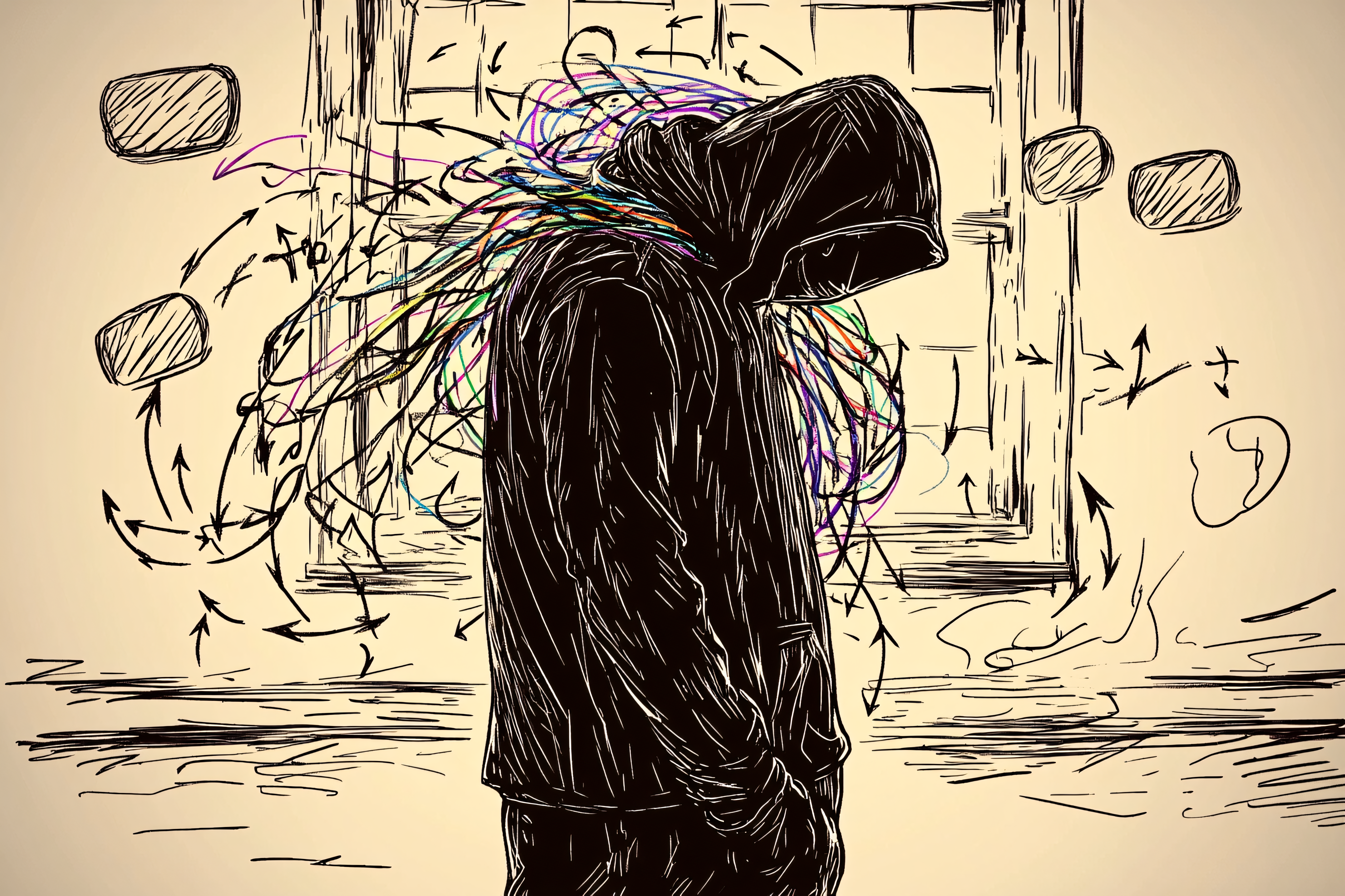Person in Hood with Tangled Thoughts