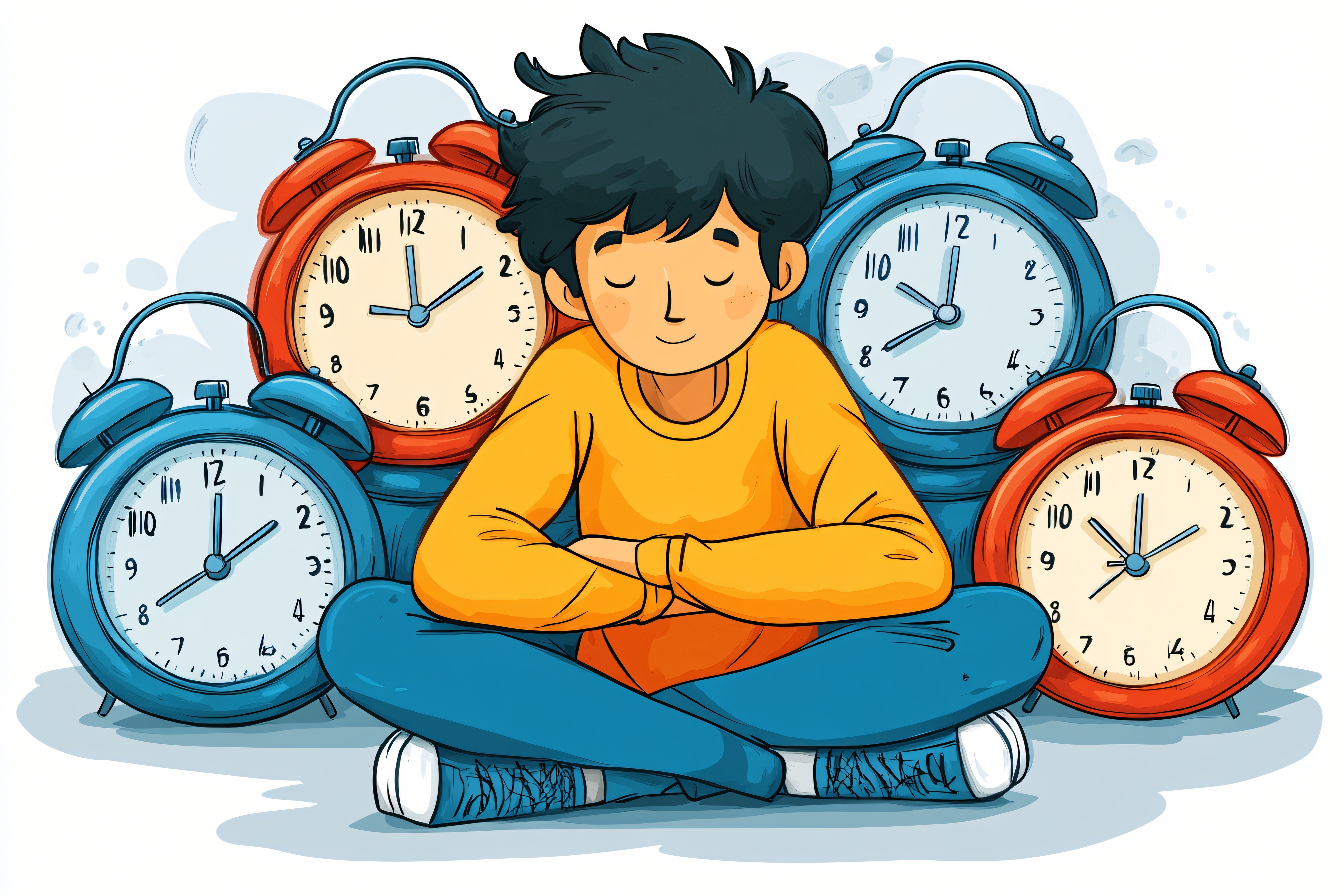Person Meditating Surrounded by Clocks