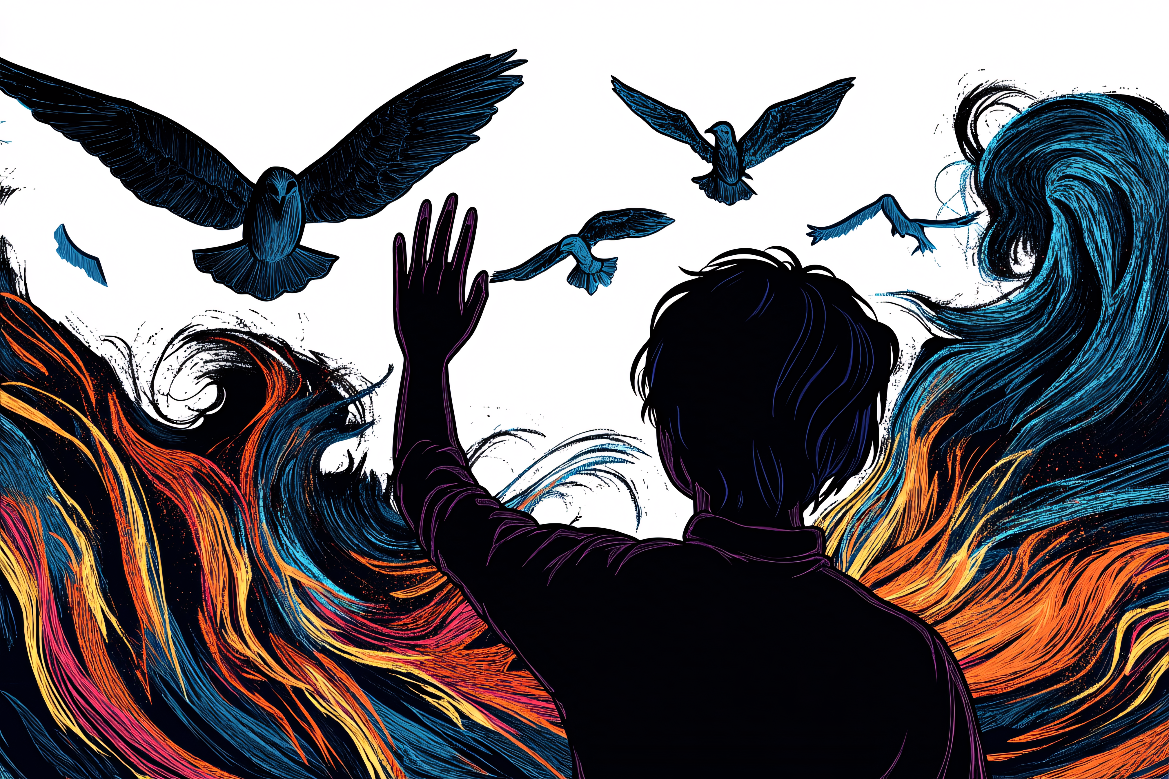 Man Facing Storm with Birds