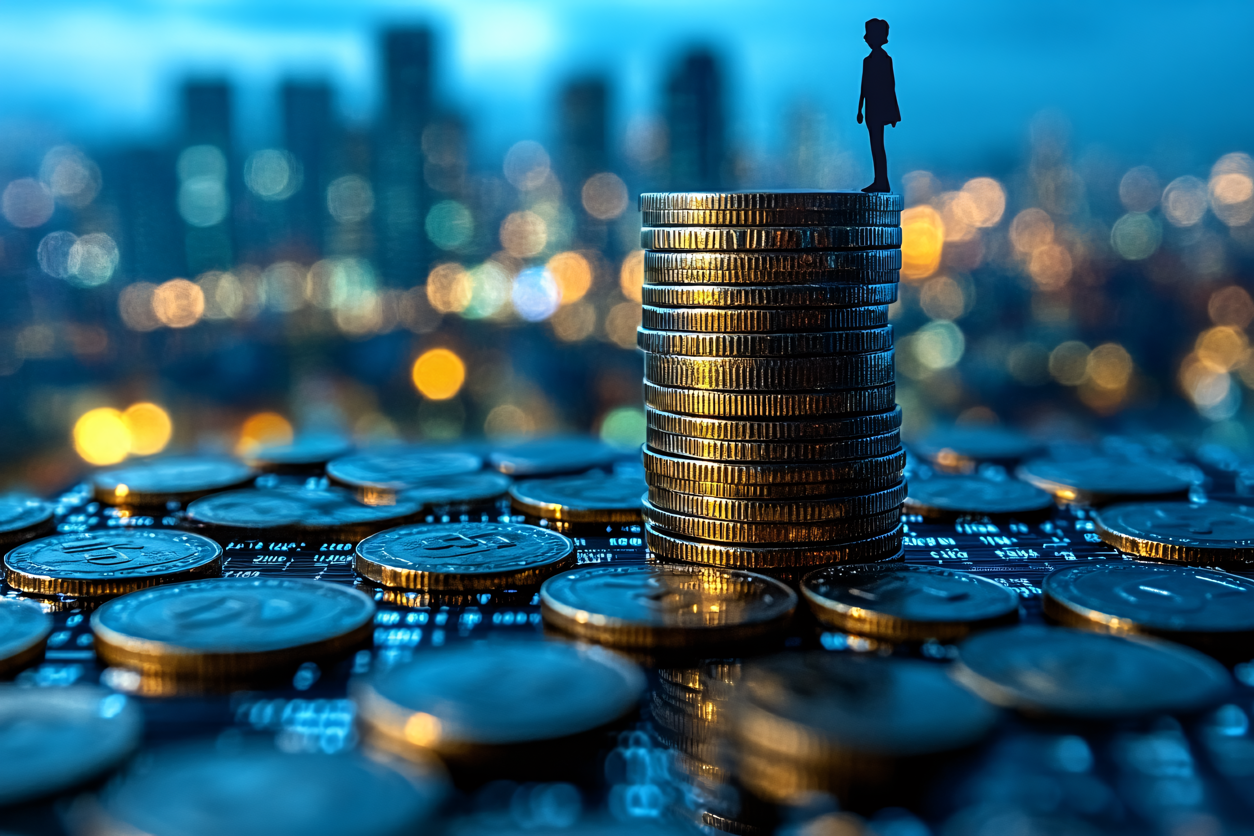 Person Standing On A Stack Of Coins Against City Lights