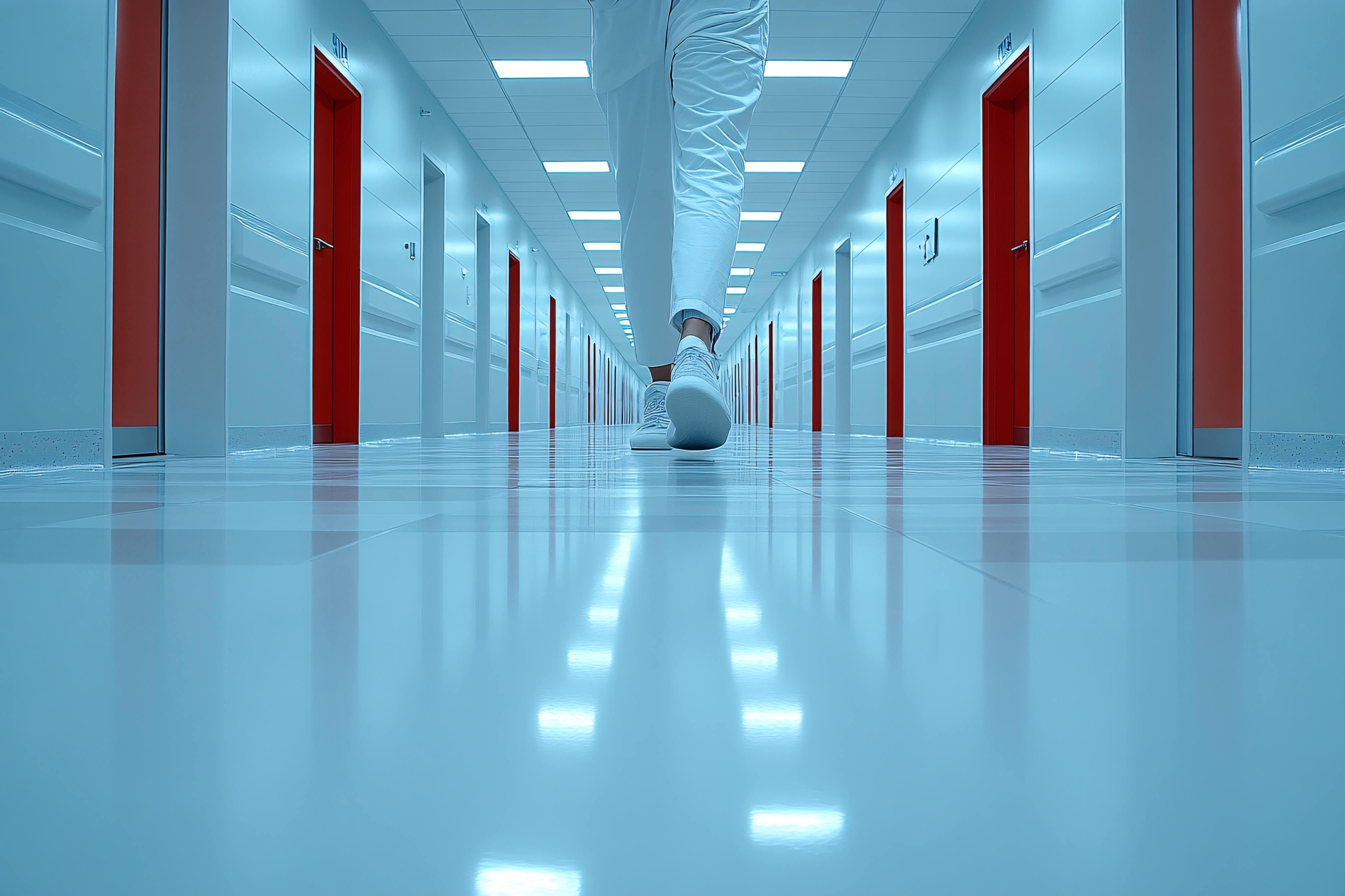 Person Walking Down Hospital Corridor