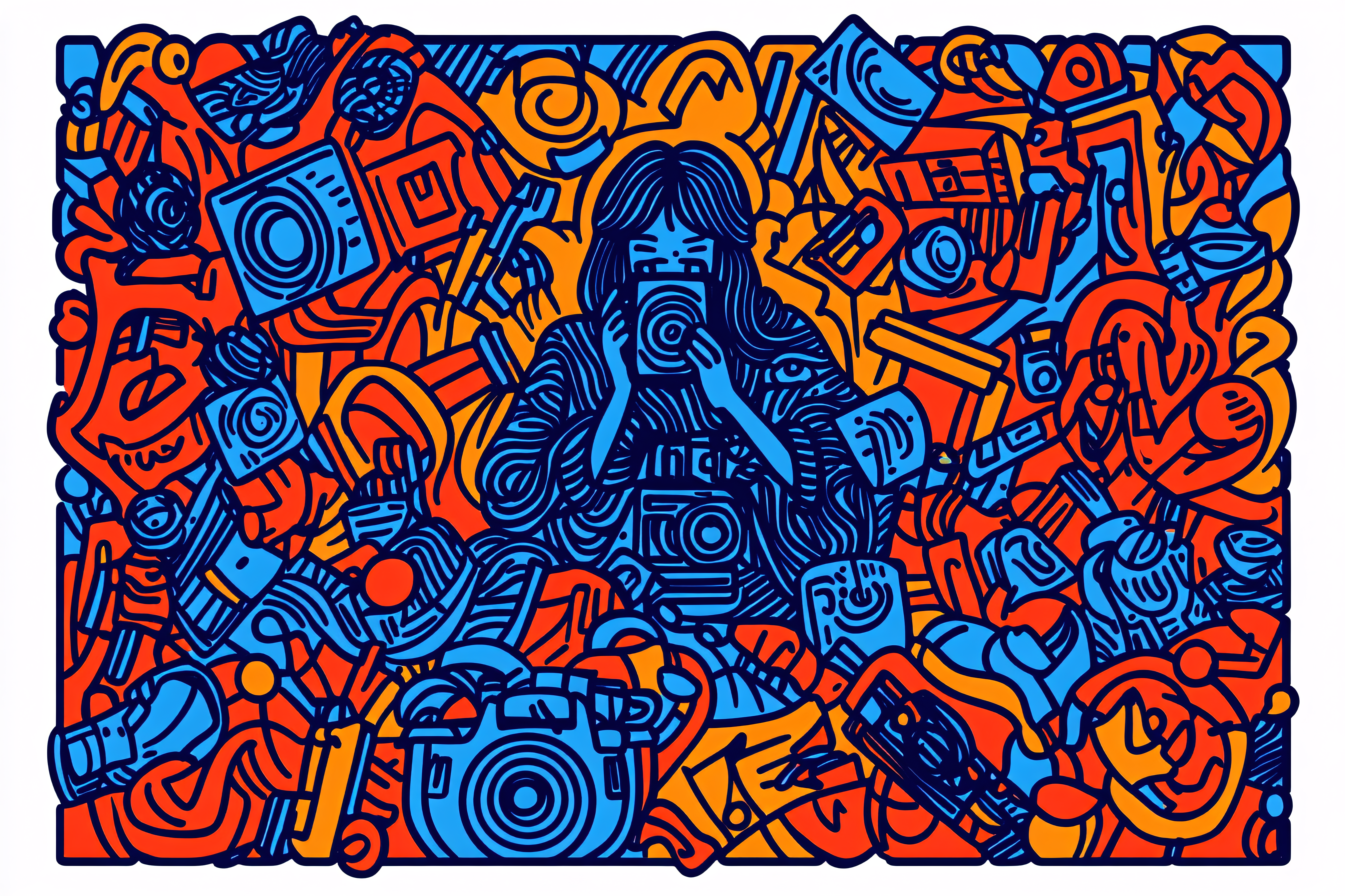 Abstract Illustration of a Photographer Surrounded by Camera Elements