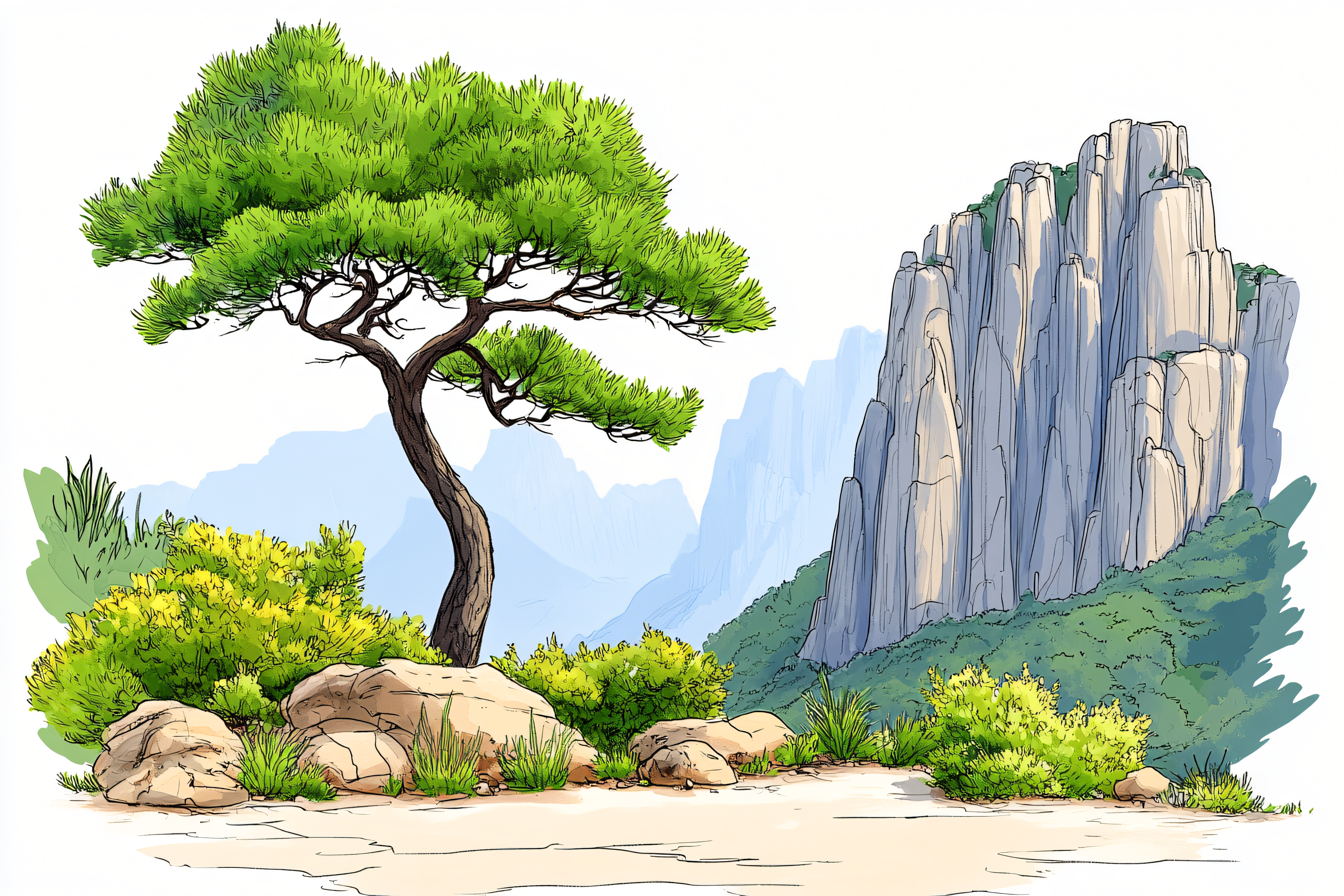 Pine Tree And Mountain Cliff Landscape