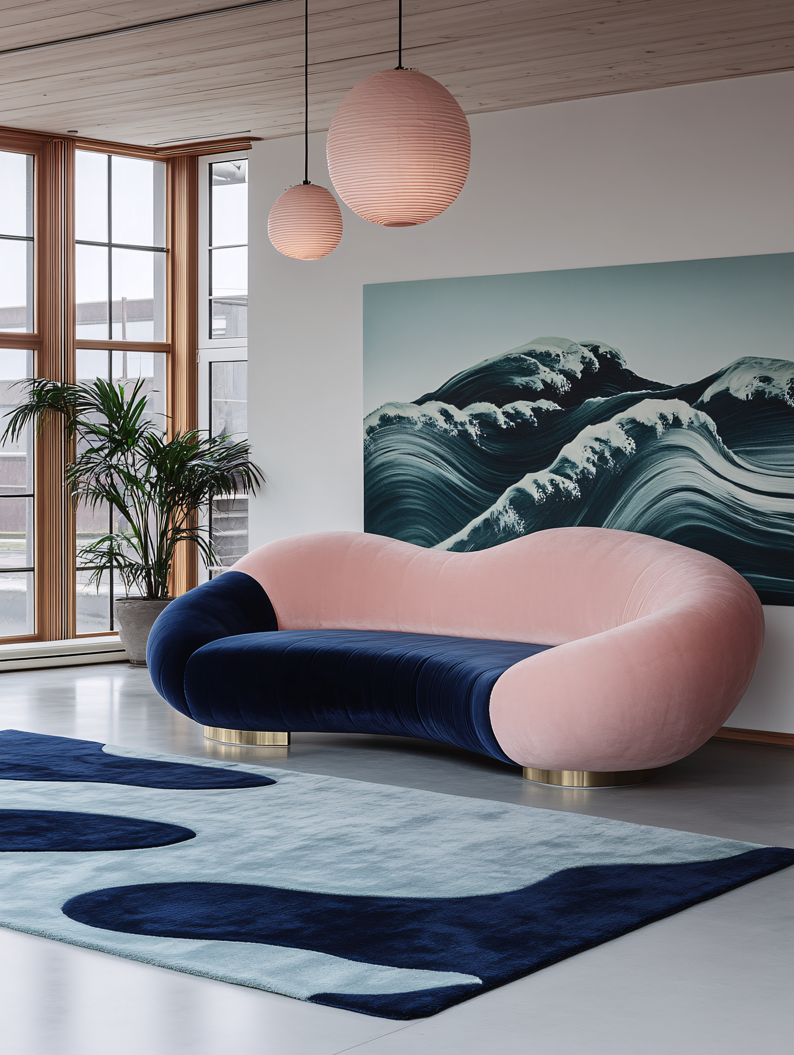 Pink And Blue Curved Sofa In Modern Interior
