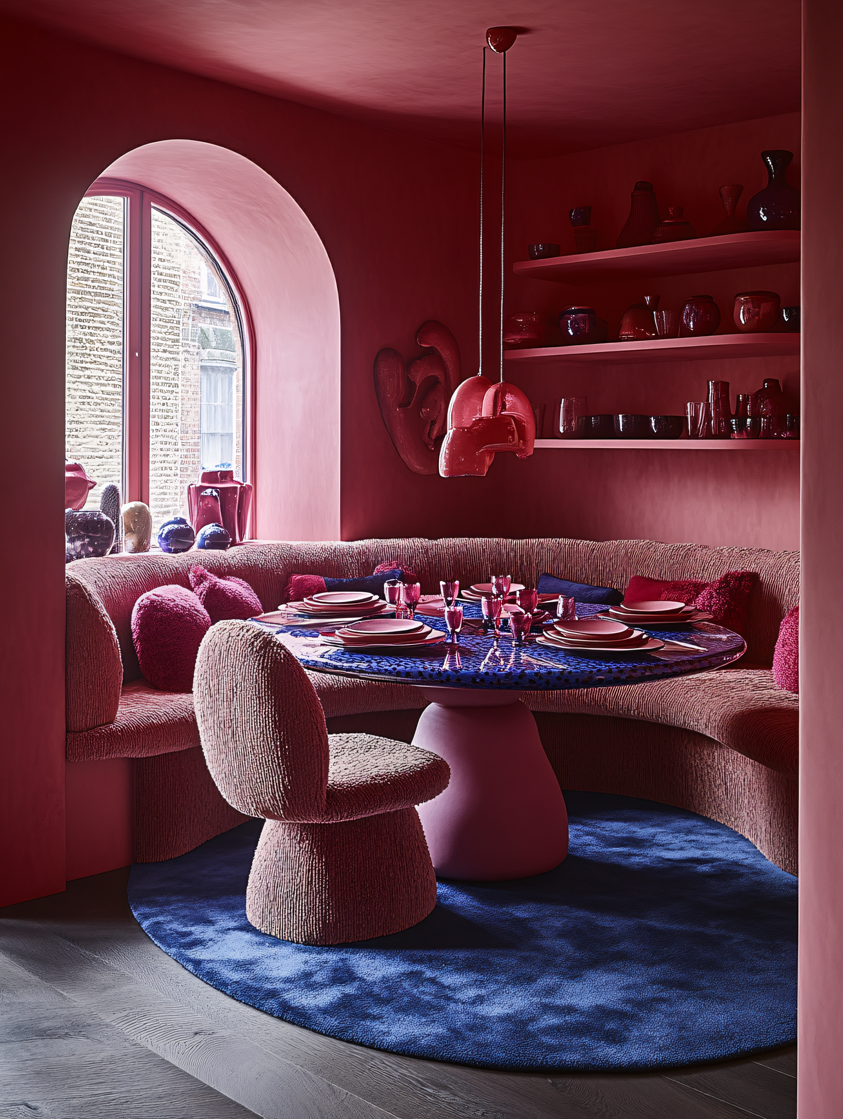 Pink And Blue Dining Room With Arched Window