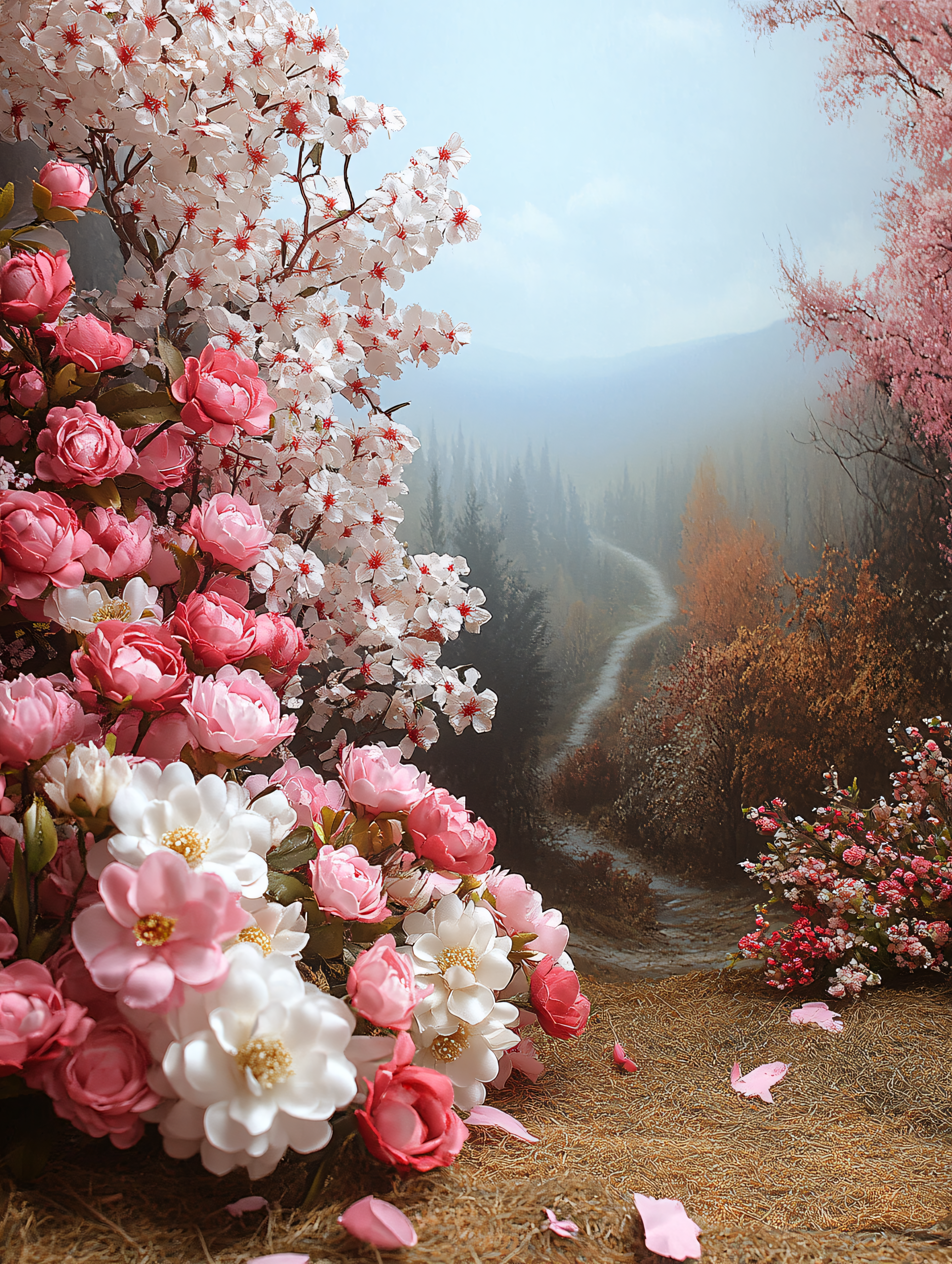 Pink and White Flowers Misty Landscape