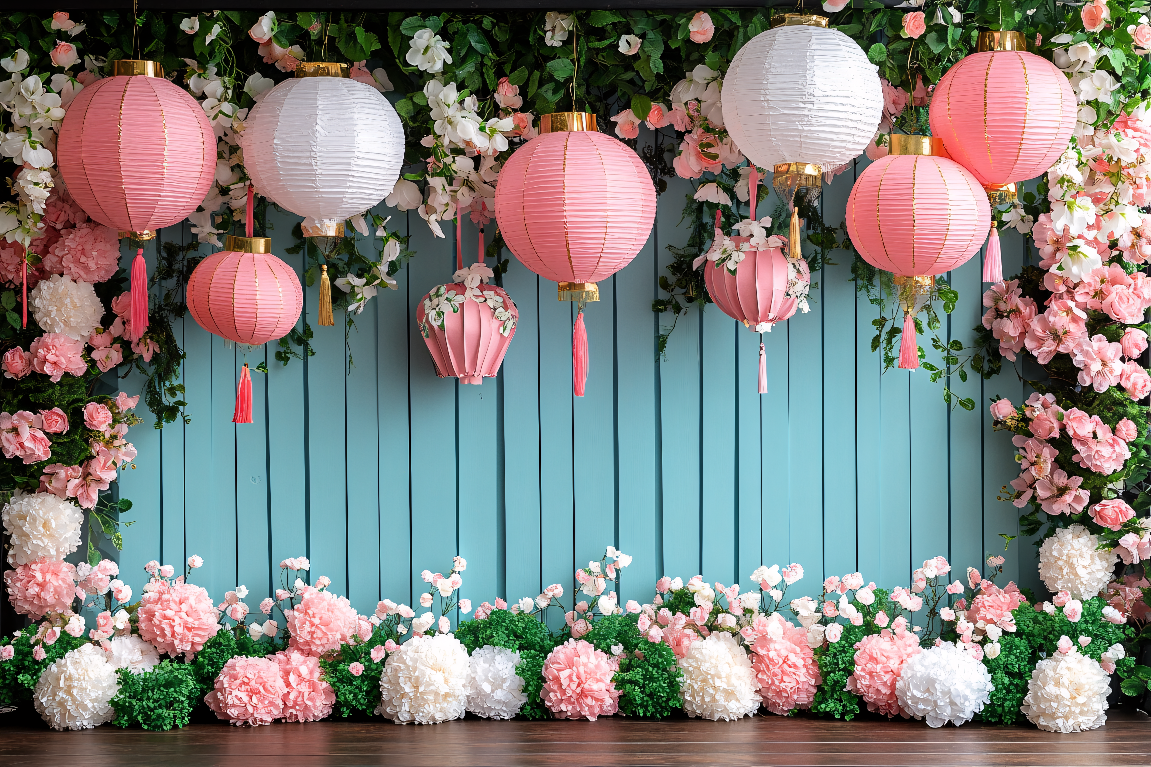 Pink and White Lanterns on Floral Backdrop