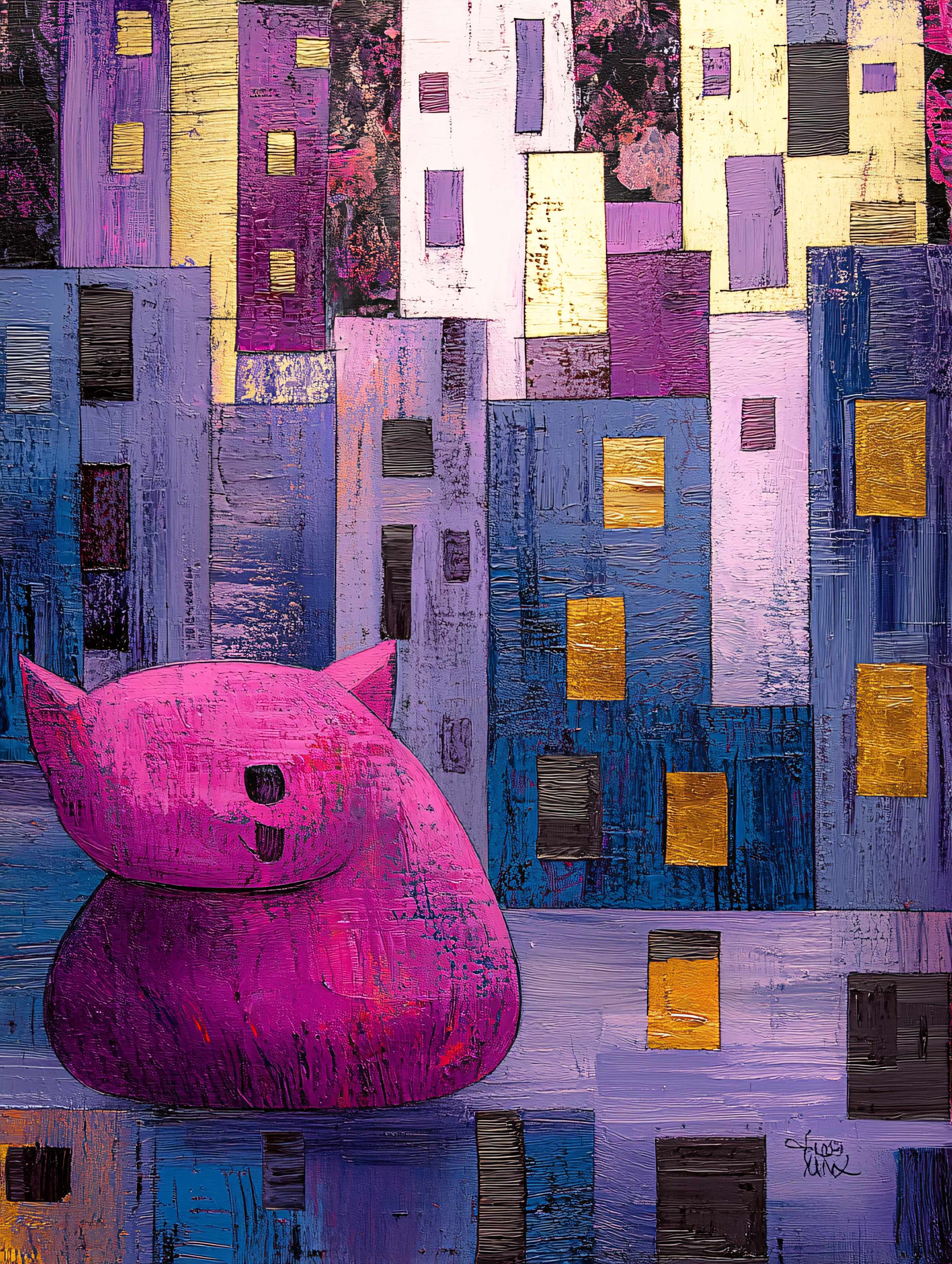 Pink Cat In Abstract City