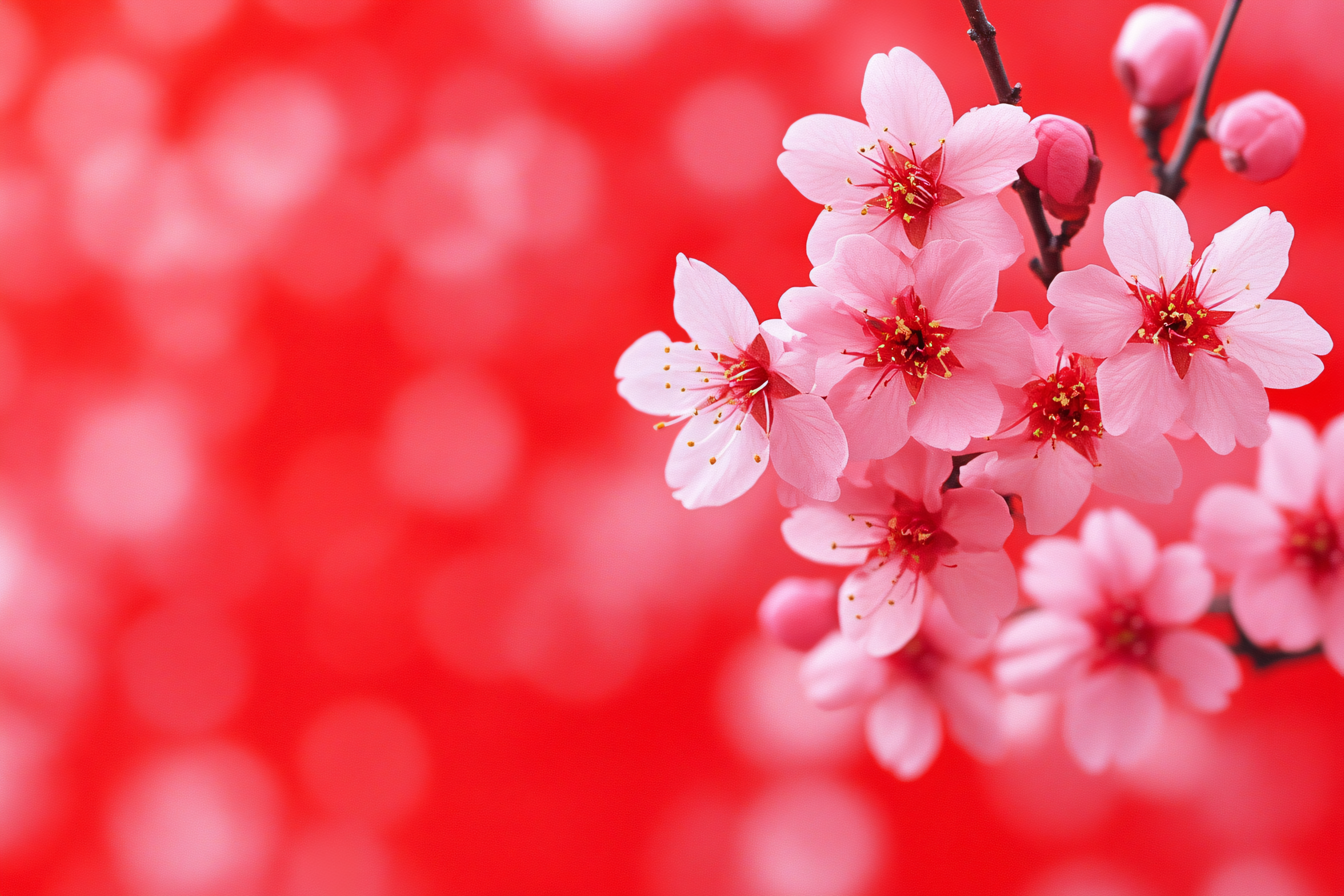 Pink Cherry Blossoms on Red Background