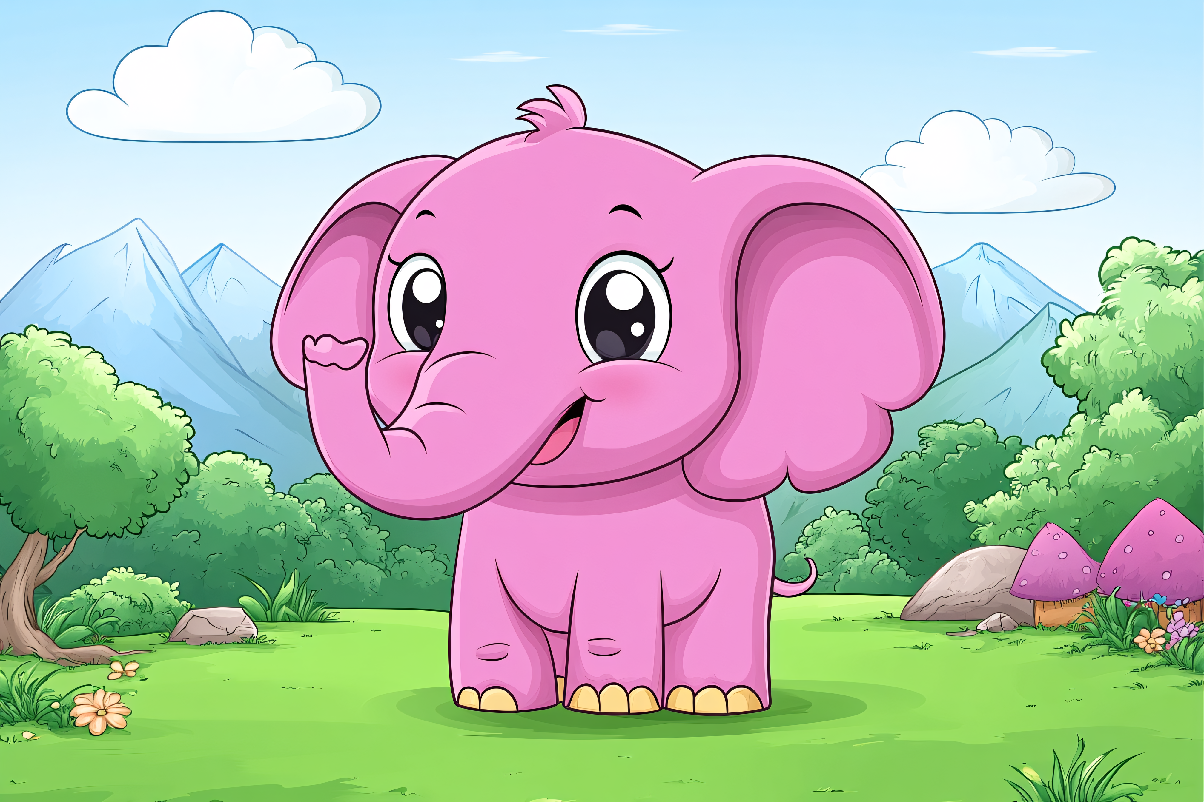 Pink Elephant Cartoon in Meadow